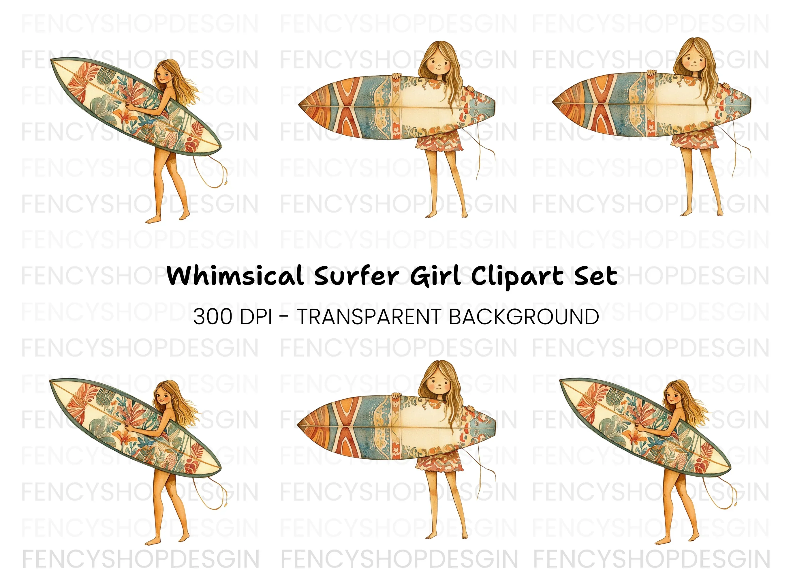 Surfer Girl with Patterned Board Clipart Bundle