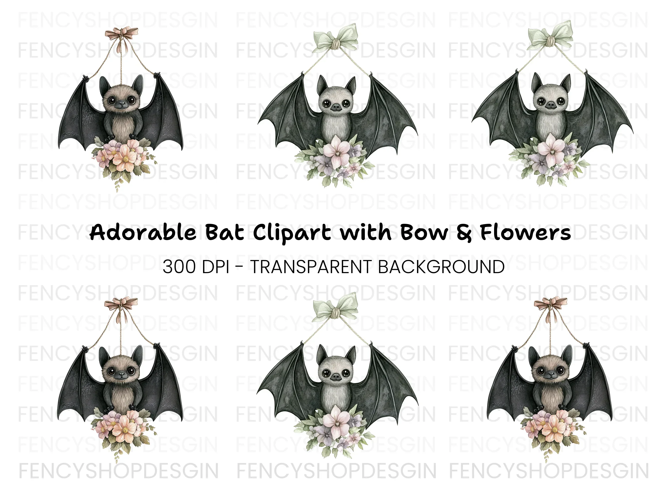 Sweet Baby Bat Floral Arrangement Clipart Bundle