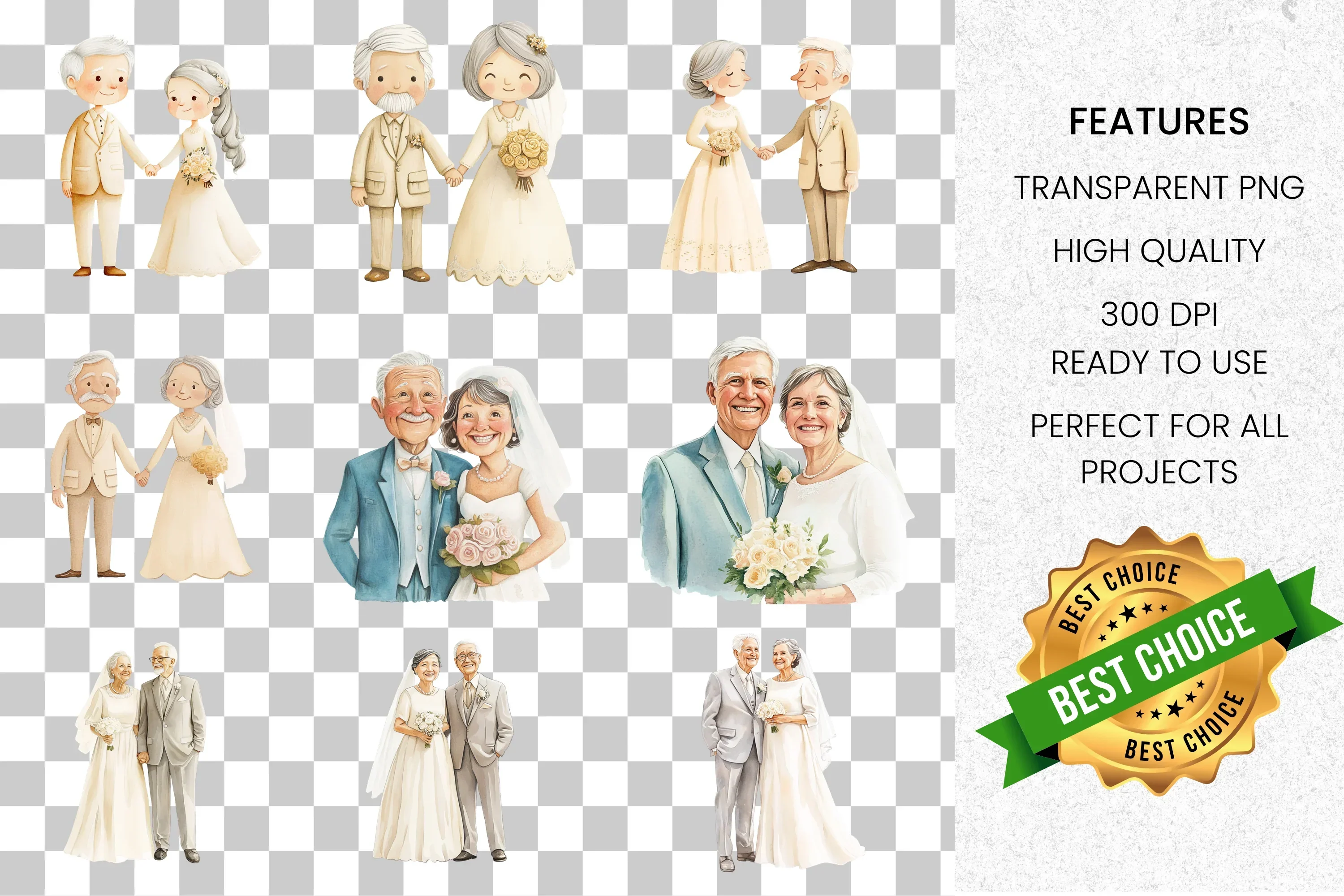 Sweet Elderly Couple Wedding Love Clipart Bundle - Image 8