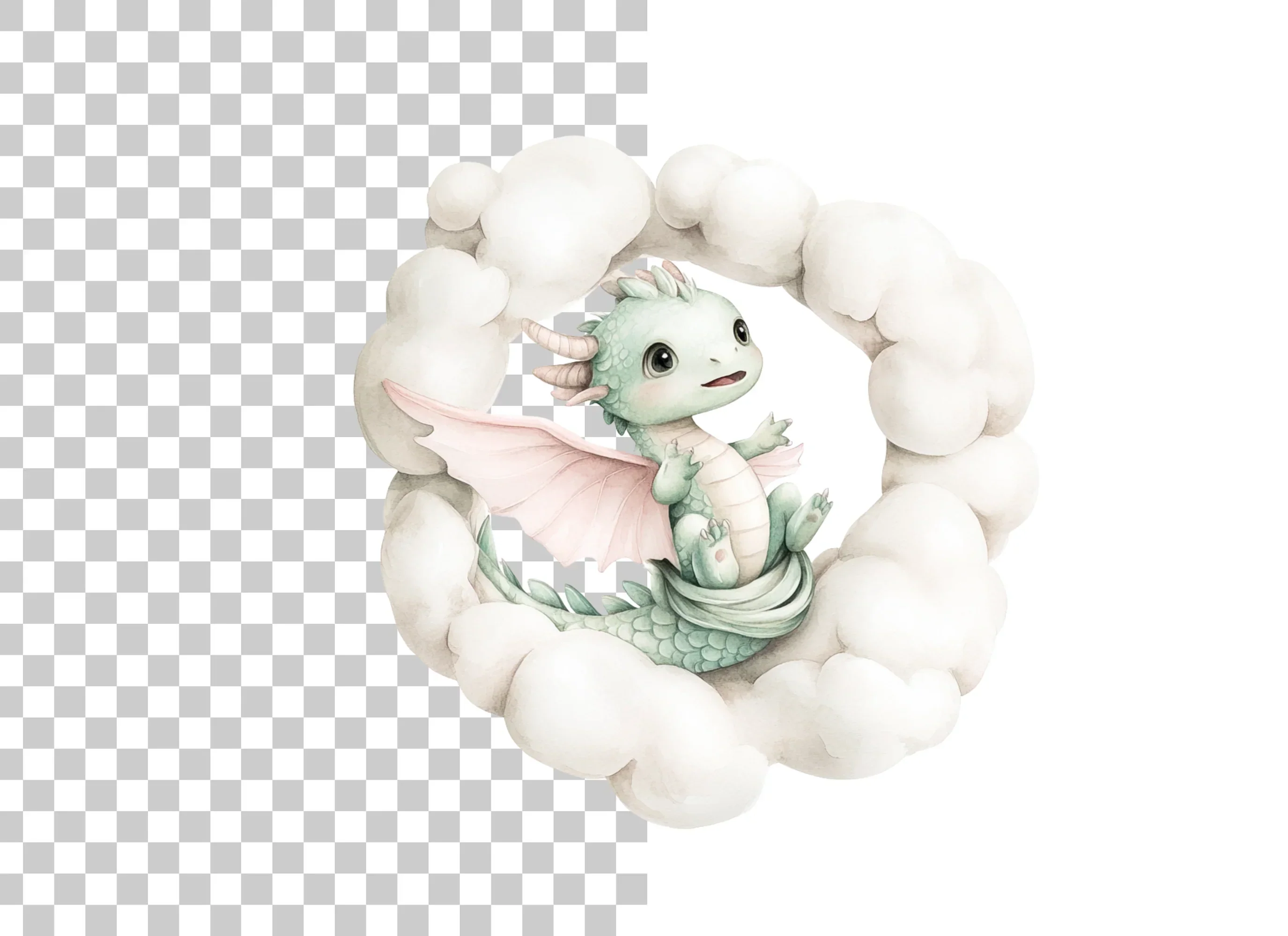 Sweet Green Baby Dragon in Clouds Clipart Bundle - Image 3