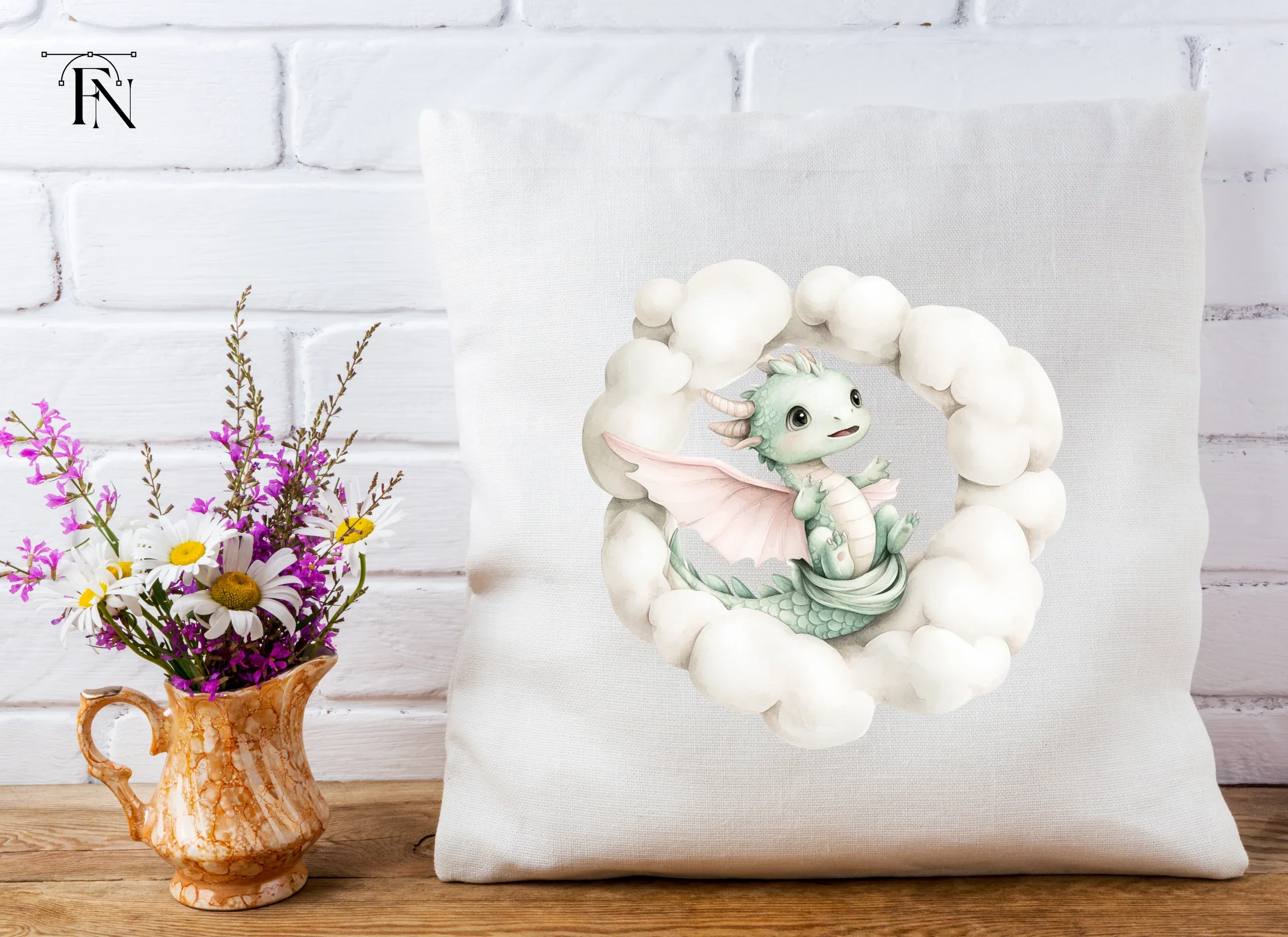 Sweet Green Baby Dragon in Clouds Clipart Bundle - Image 4