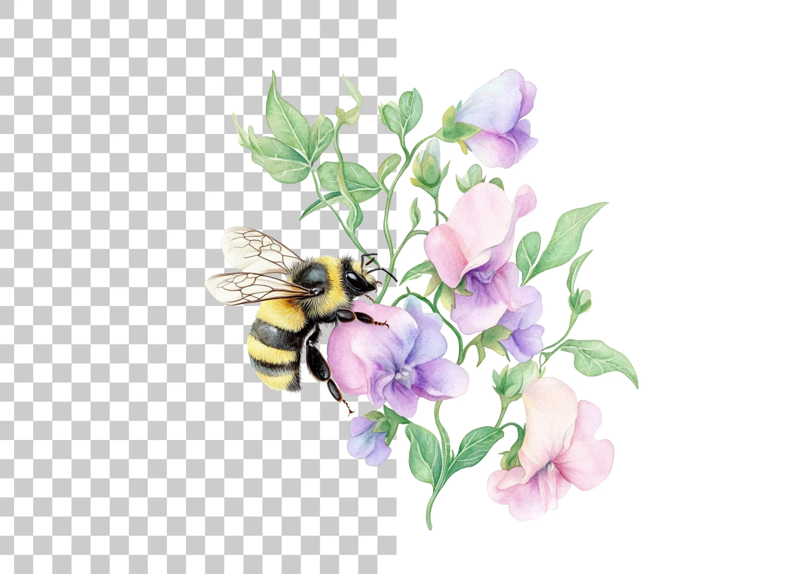 Sweet Pea Flowers with Bumblebees Clipart Bundle - Image 6