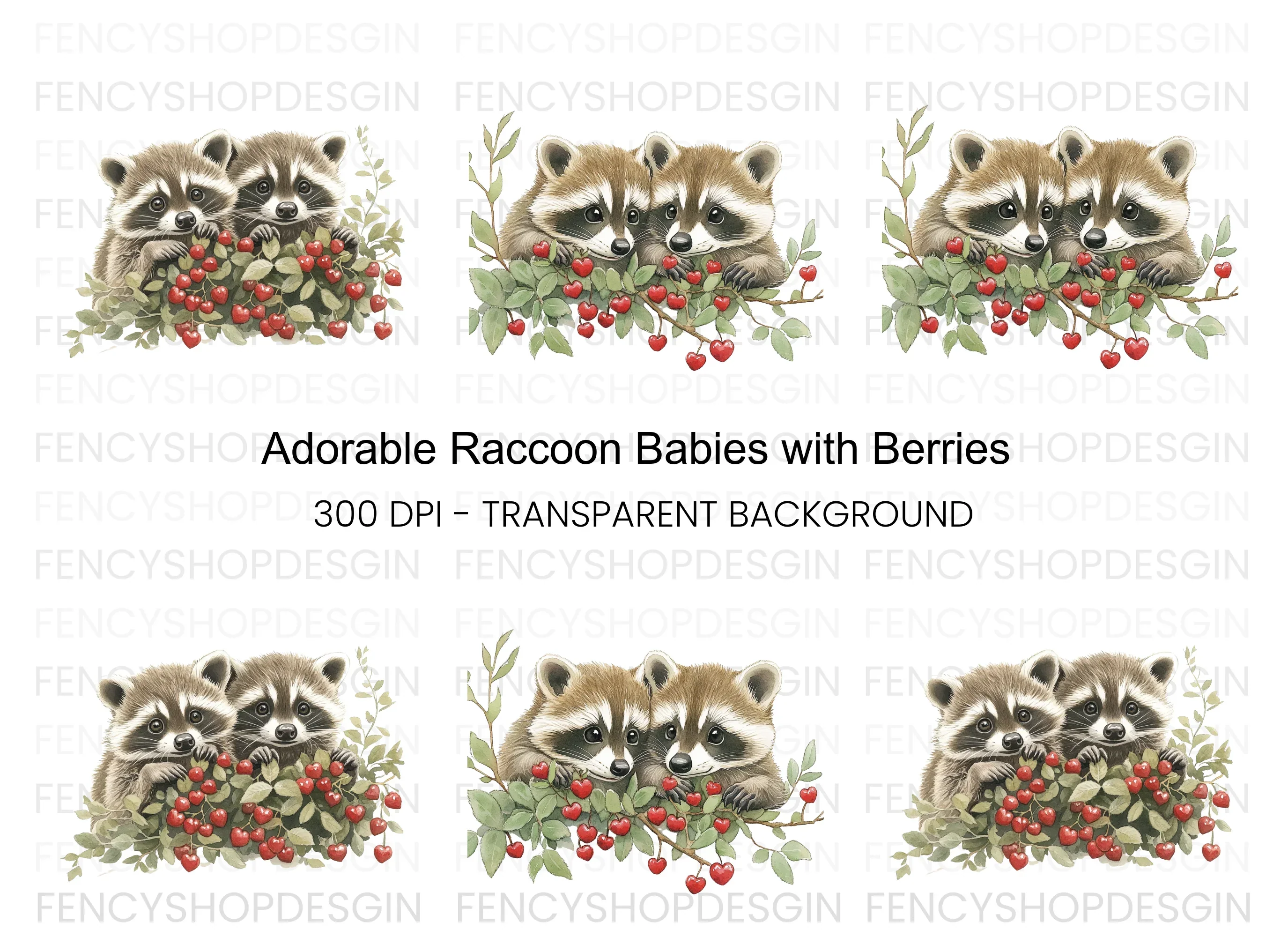 Sweet Raccoons with Berries Clipart Bundle