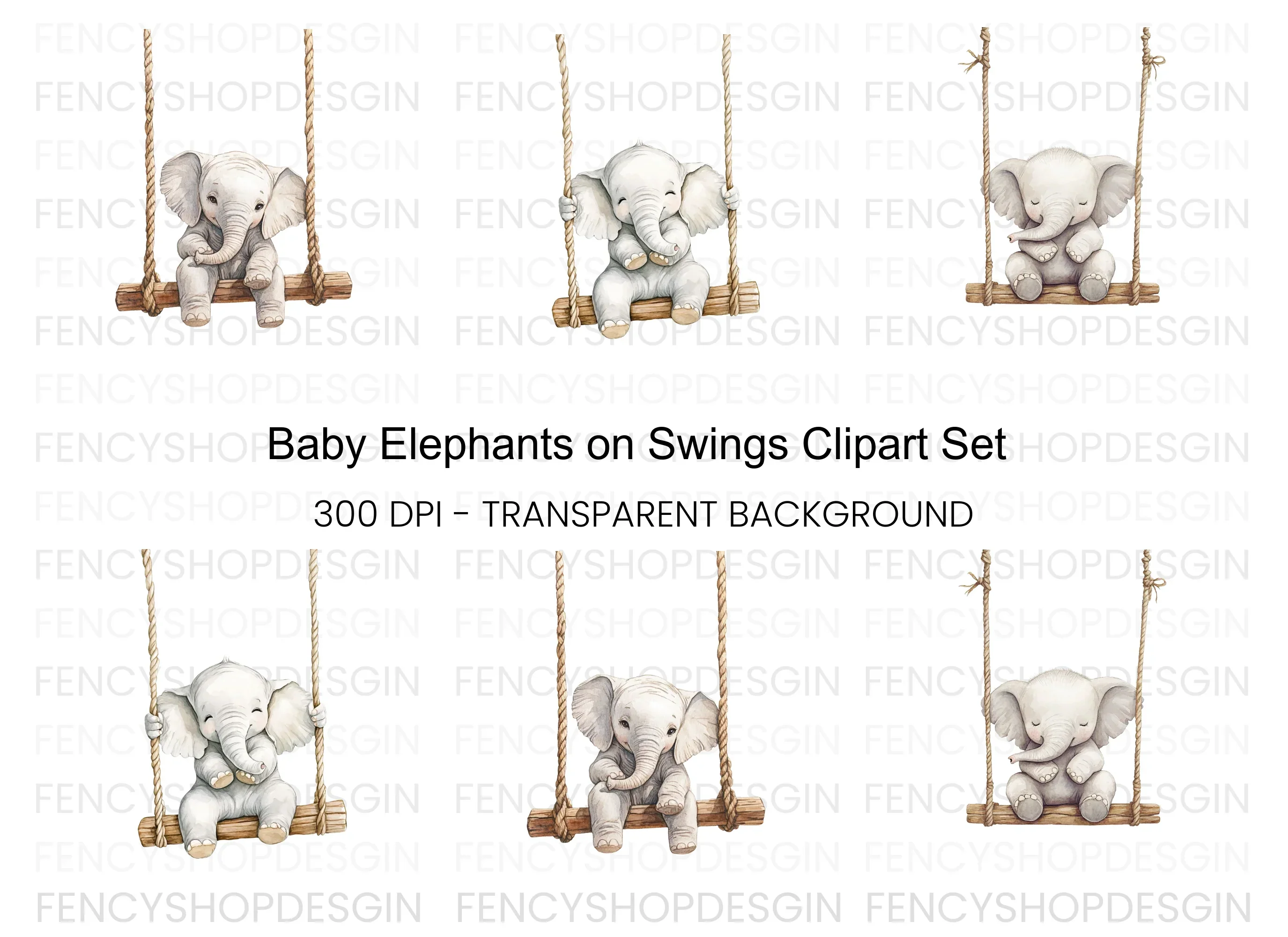 Swinging Baby Elephant Clipart Bundle