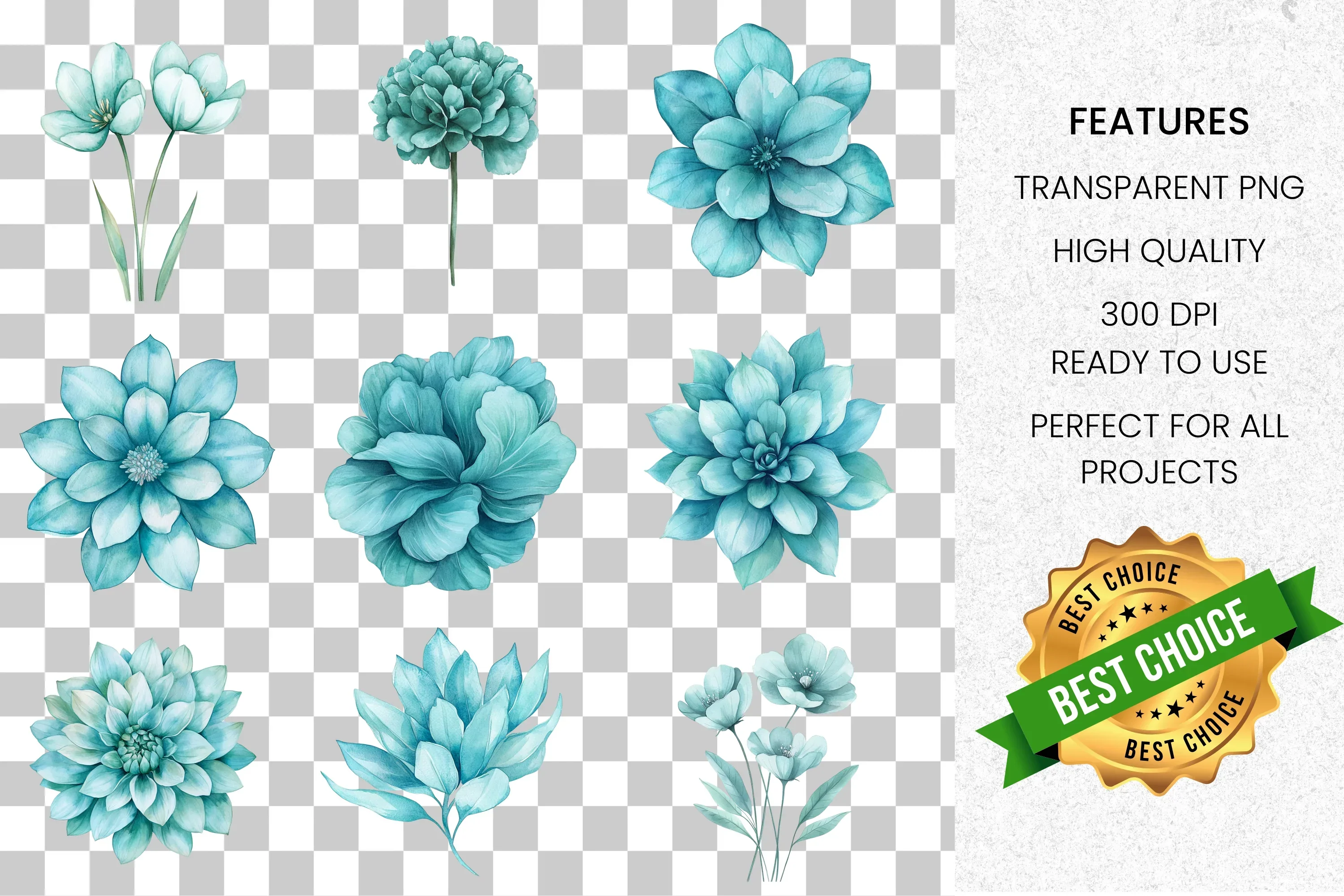 Teal Blue Floral Clipart Bundle - Image 2