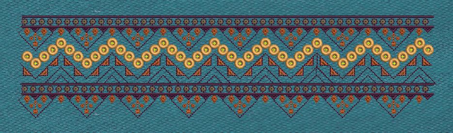 Teal Gold Circle Chevron Tribal Border Teal & Amber Gold Embroidery Design