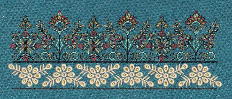 Teal Mughal Fan Buta Hem Border Teal & Multicolor Embroidery Design