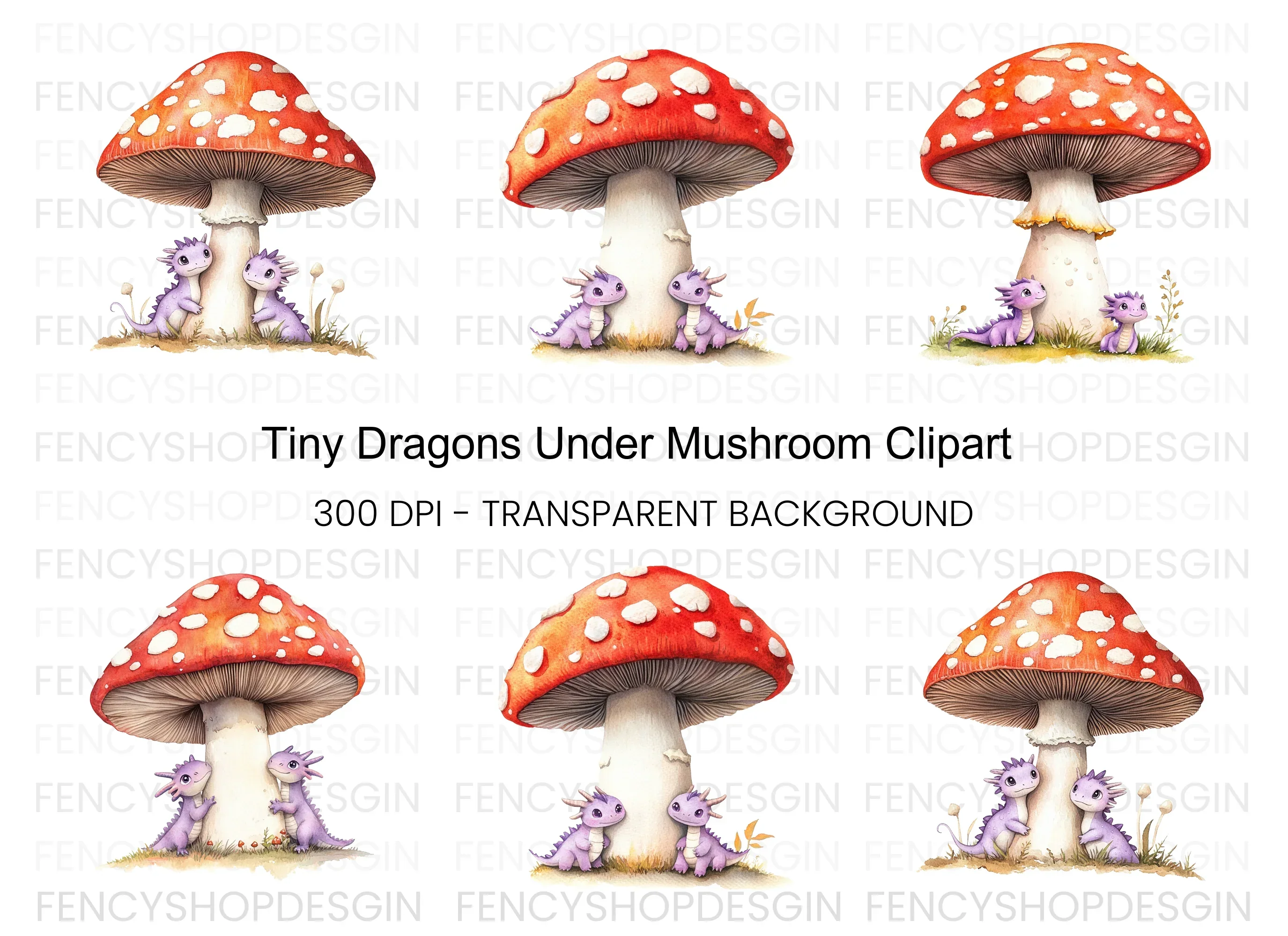 Tiny Dragons Under Mushroom Clipart Bundle
