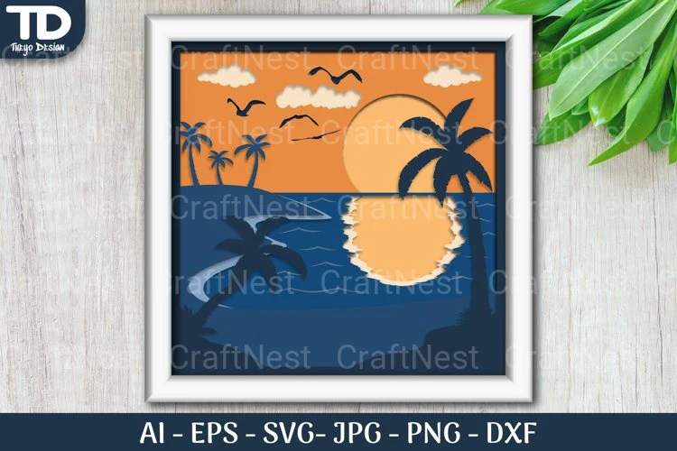 Tropical Beach Sunset D Shadow Box Scene Papercut SVG - Image 2