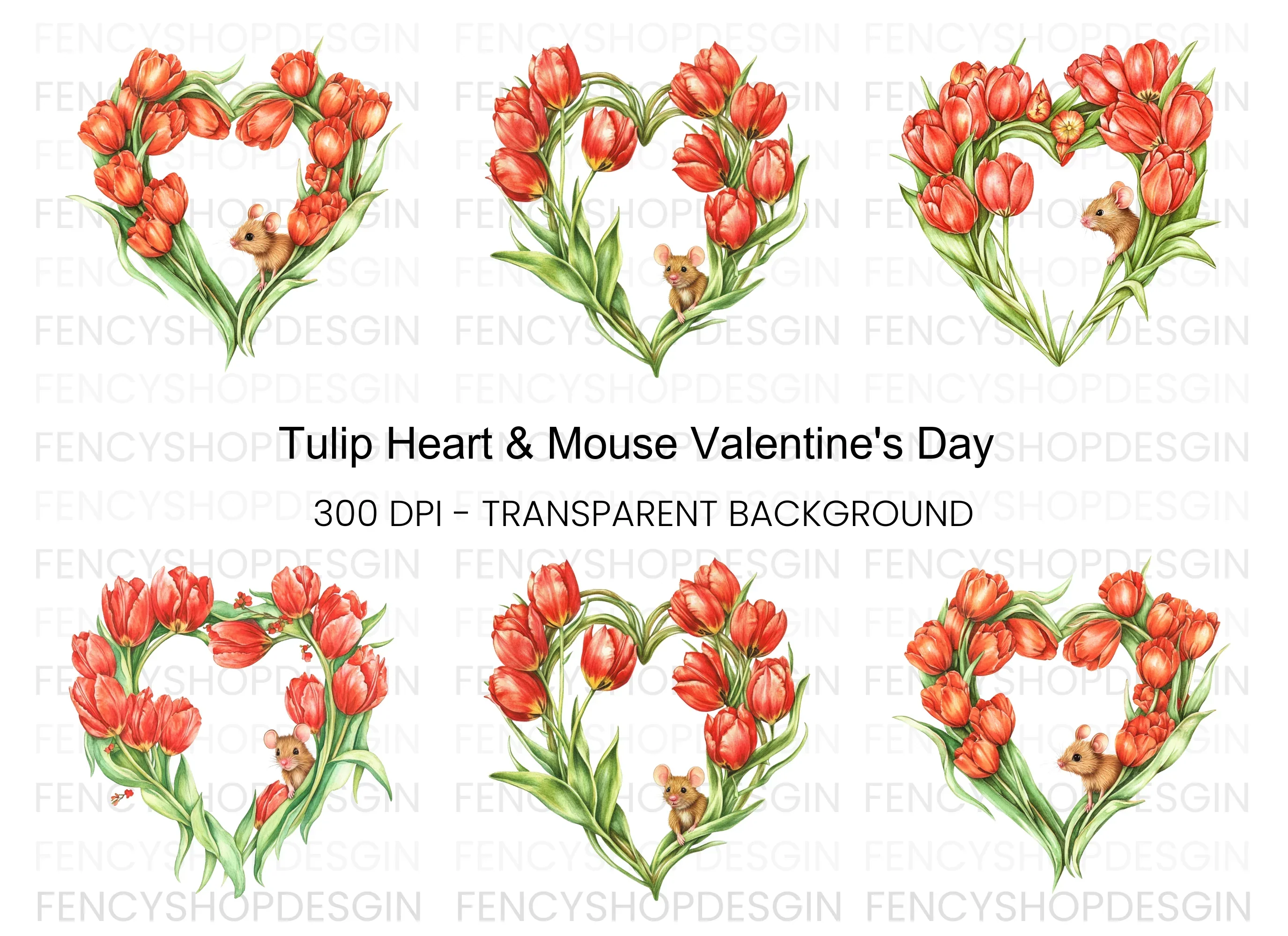 Tulip Heart with Cute Mouse Clipart Bundle