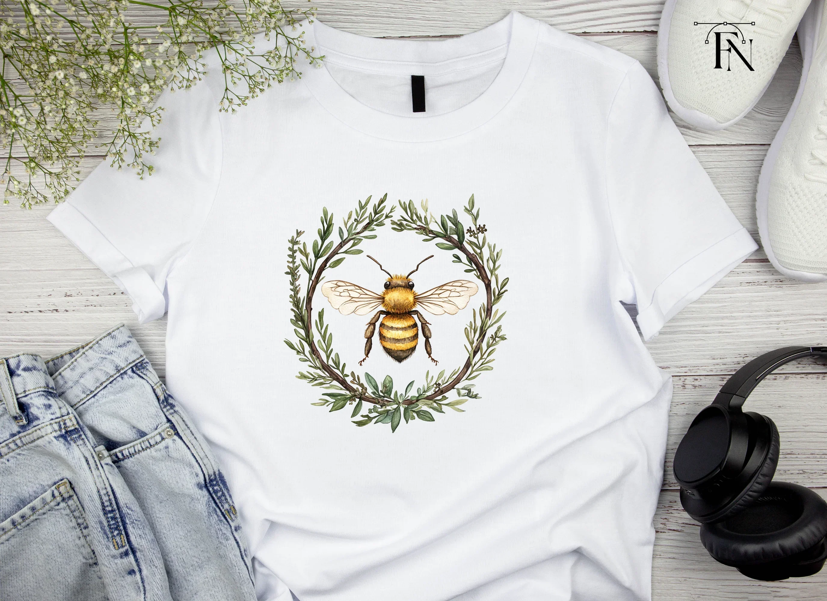 Two Bees in Botanical Wreaths Clipart Bundle - Image 4