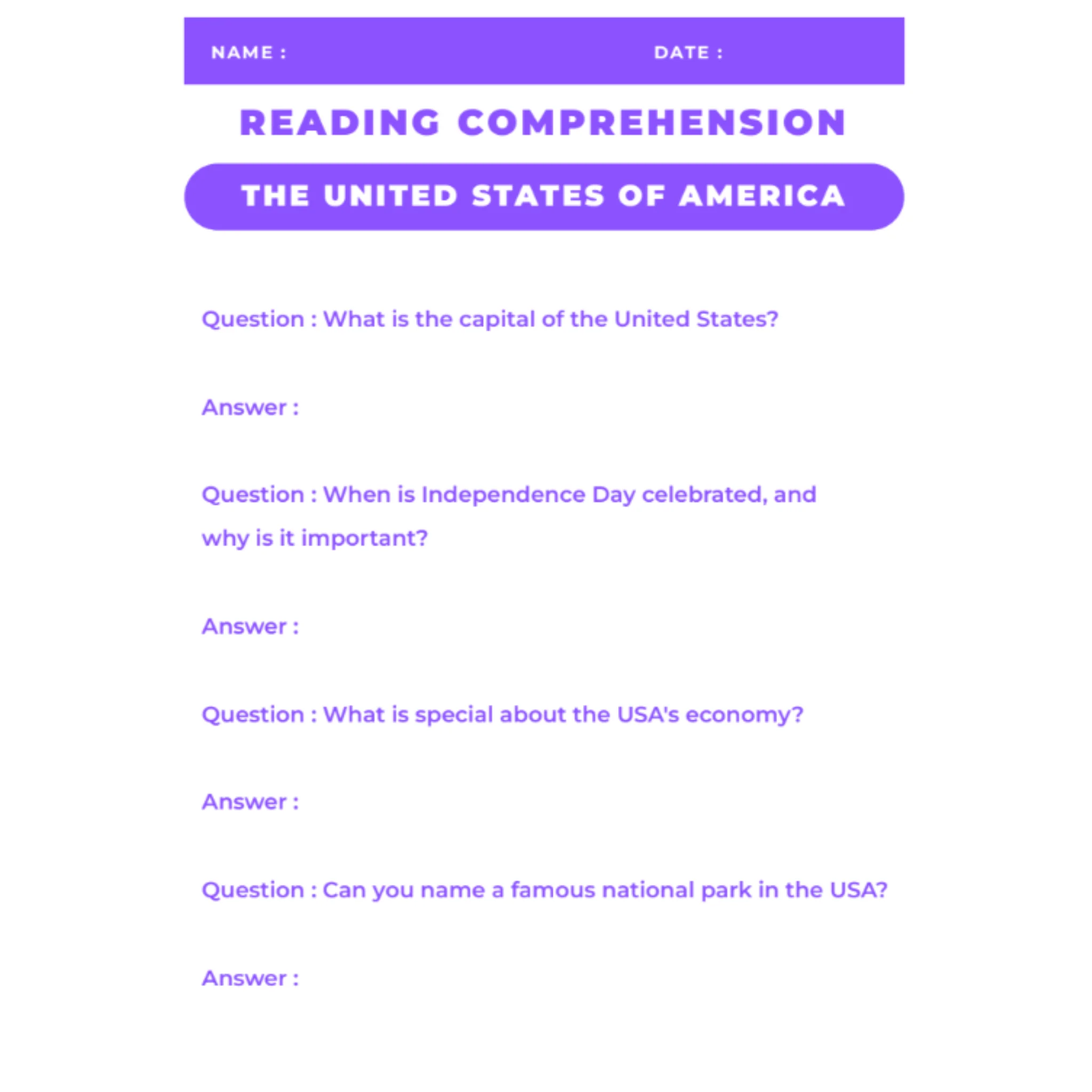 USA Reading Comprehension Worksheet - Image 2