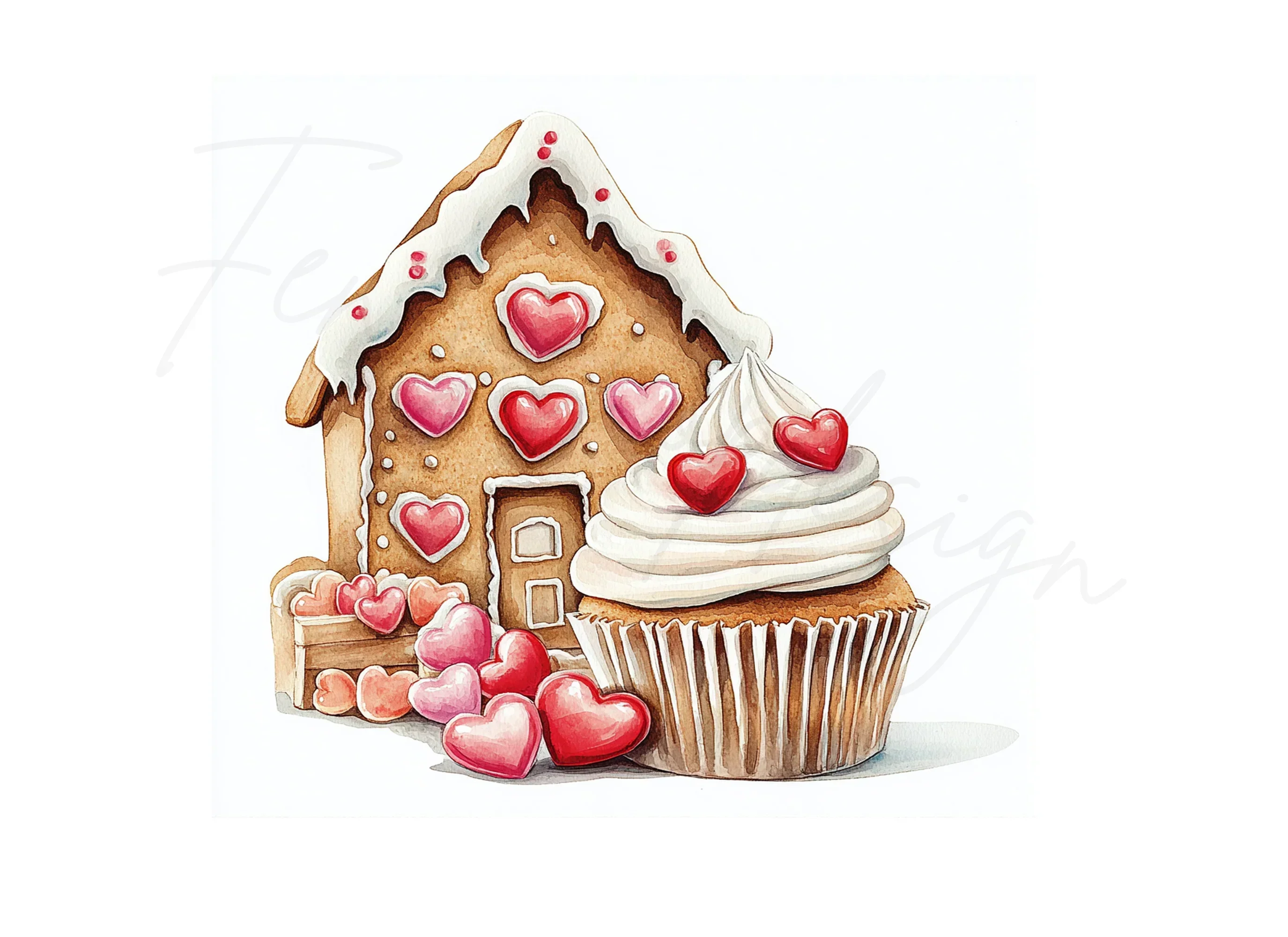 Valentine Gingerbread House Cupcakes Clipart Bundle - Image 2