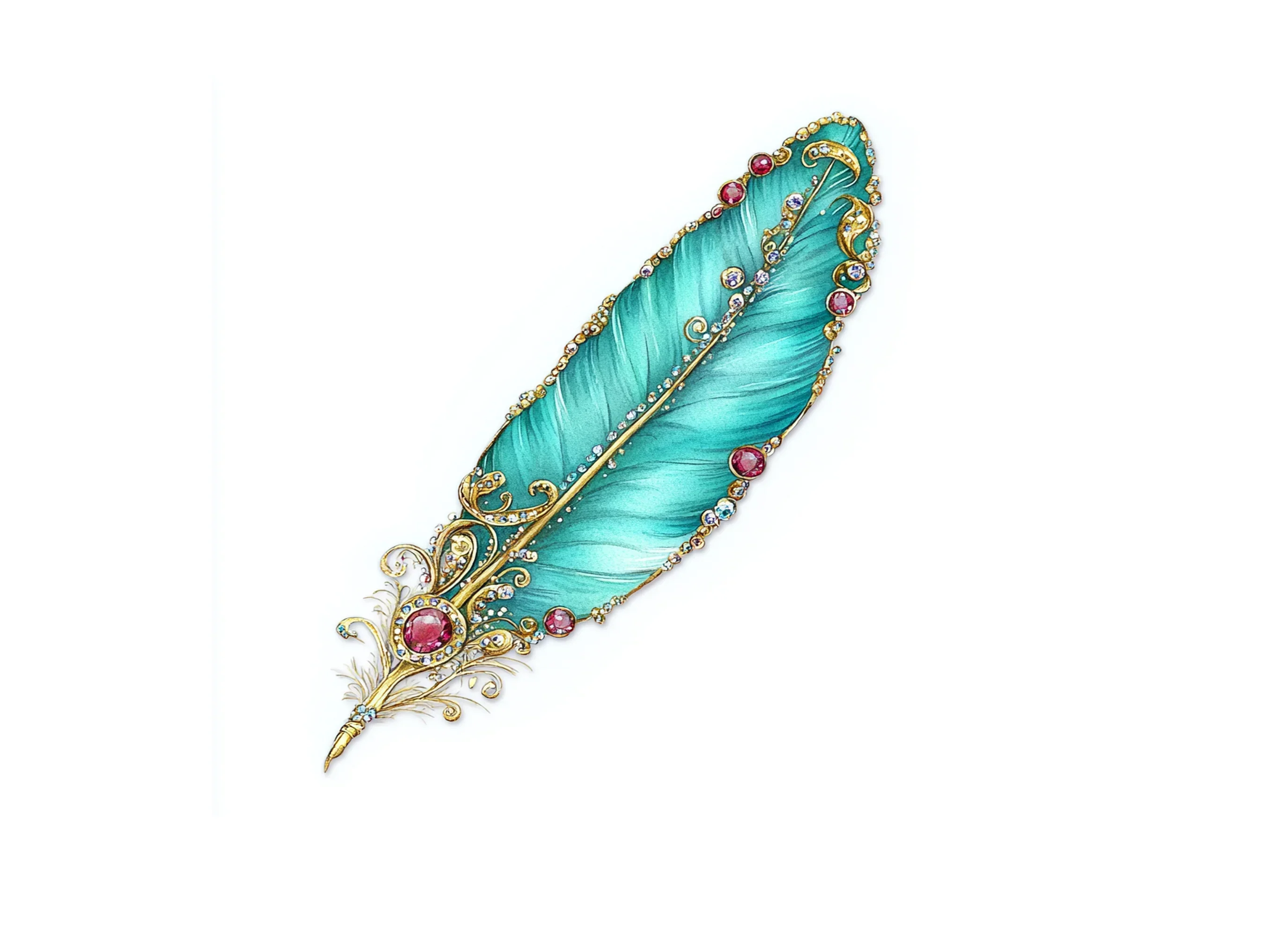 Vibrant Teal Jeweled Feather Clipart Bundle - Image 2