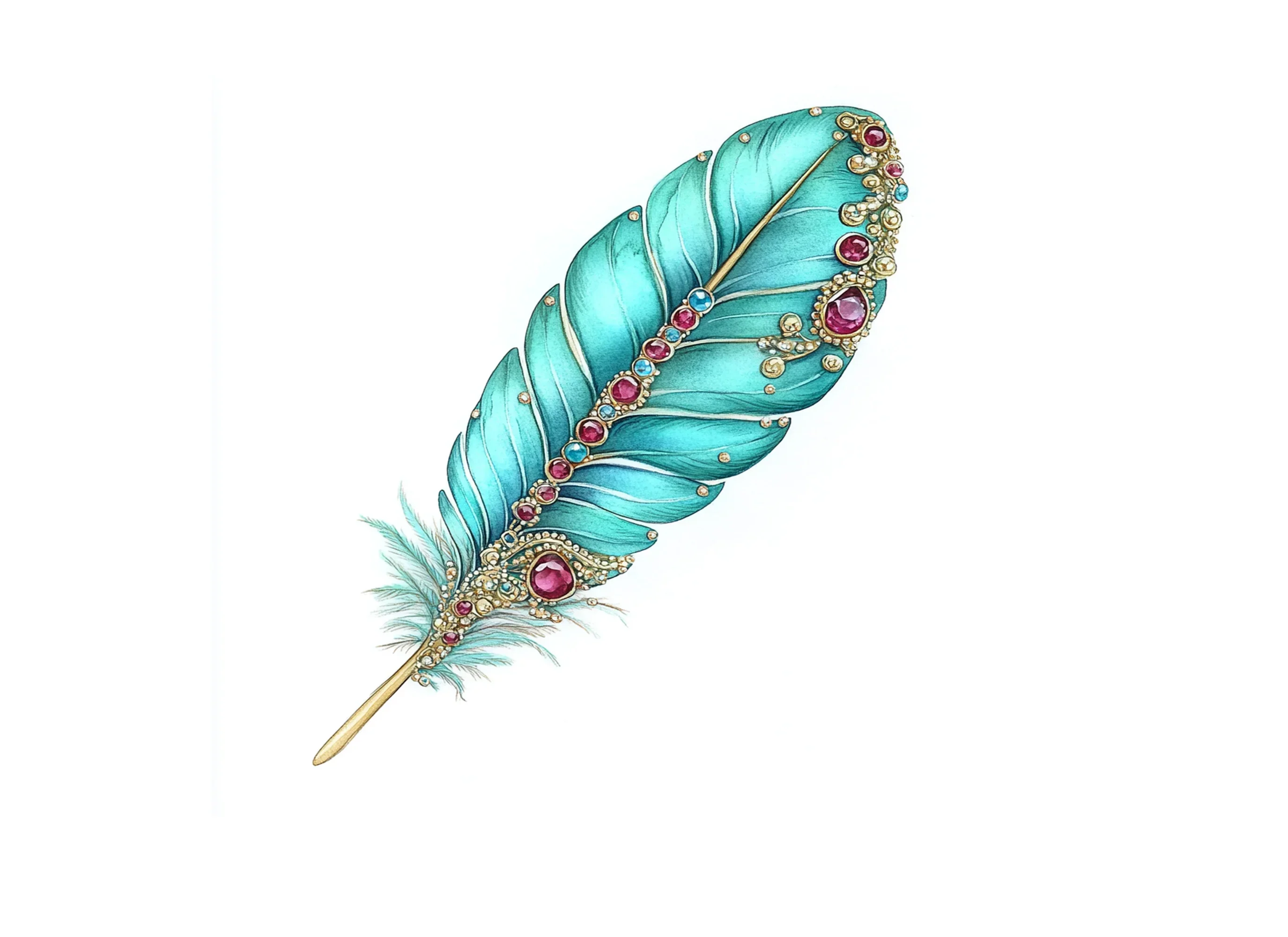 Vibrant Teal Jeweled Feather Clipart Bundle - Image 3