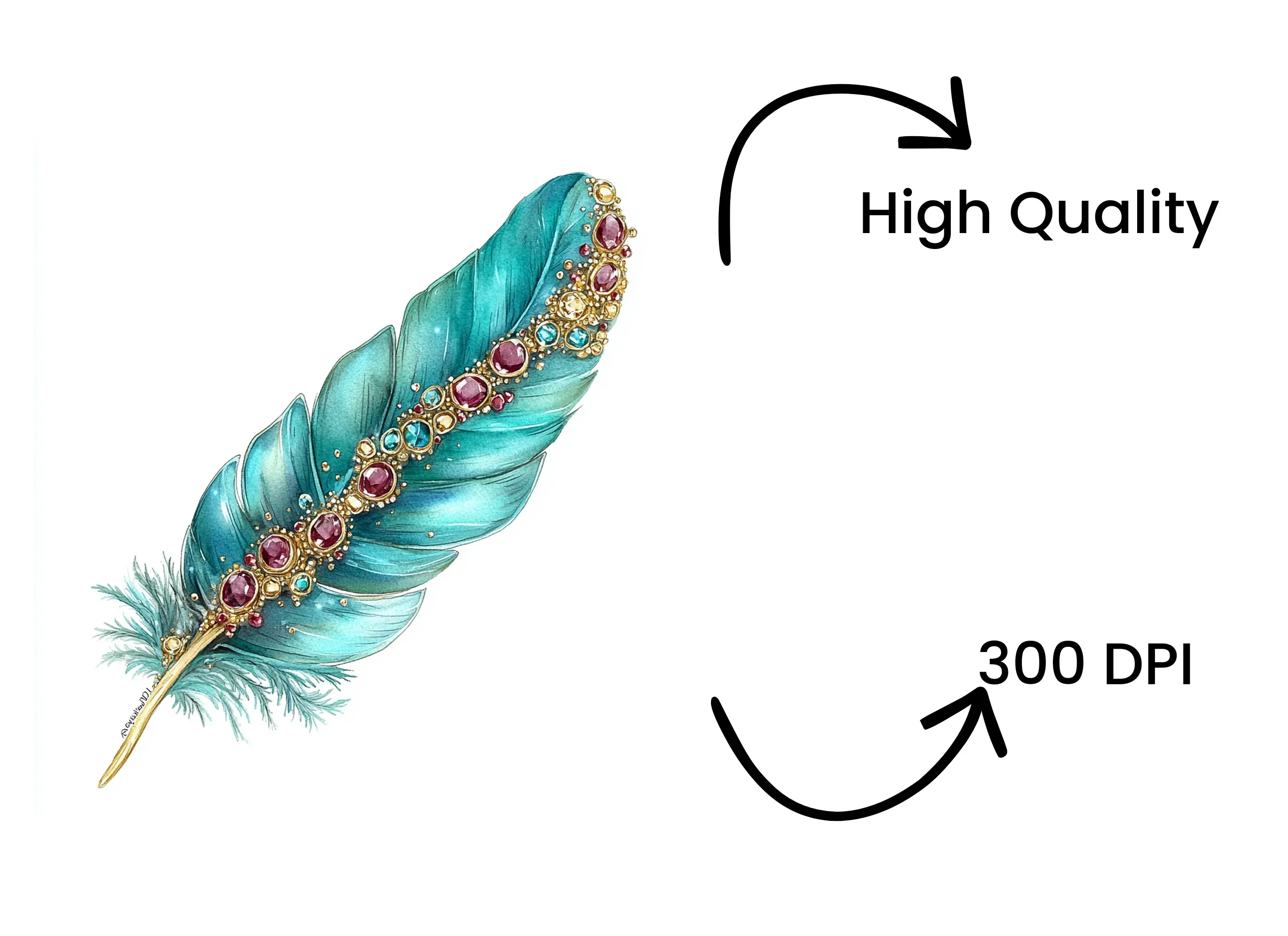 Vibrant Teal Jeweled Feather Clipart Bundle - Image 4