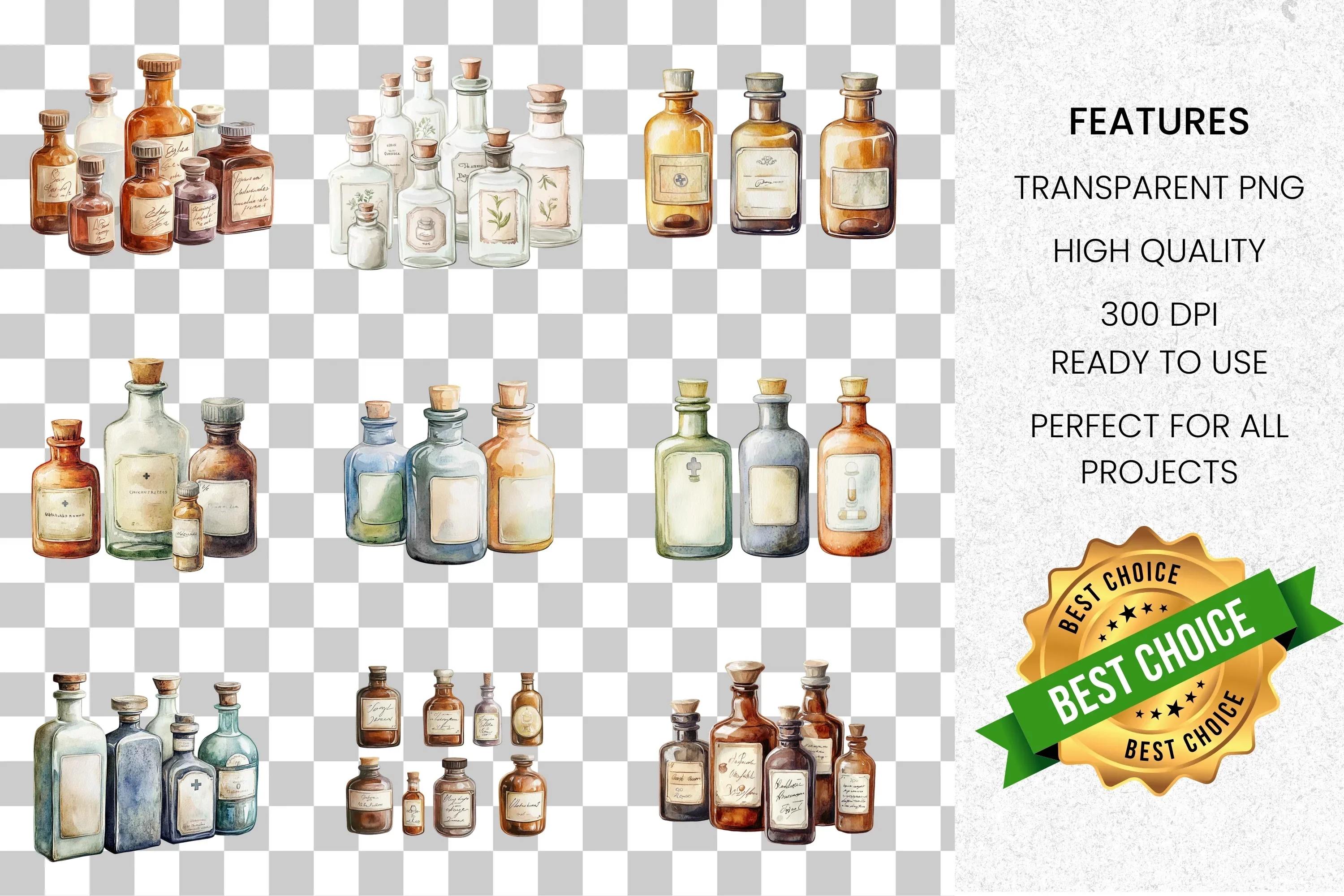 Vintage Apothecary Bottles Clipart Bundle - Image 2