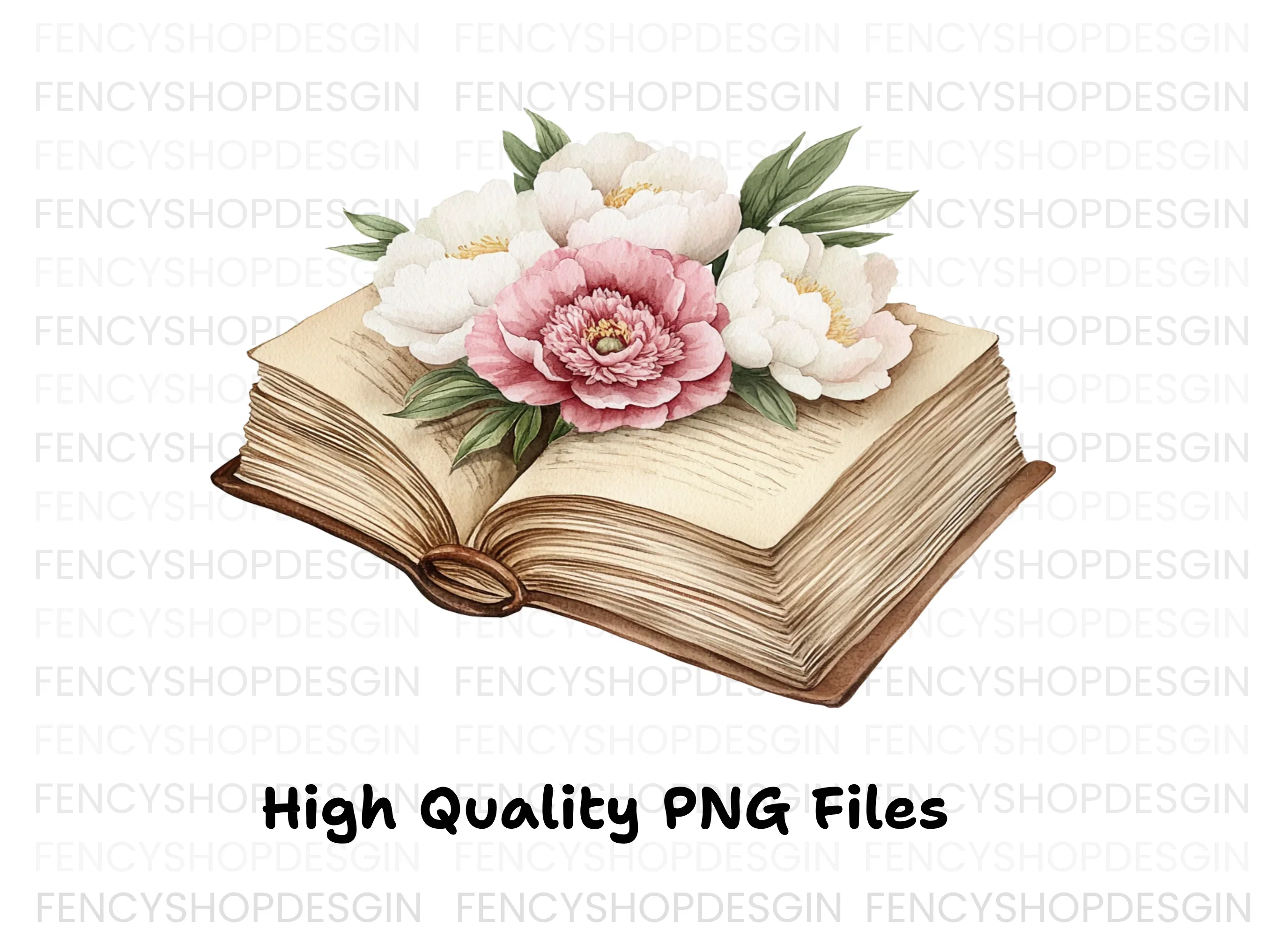 Vintage Books and Peony Flowers Clipart Bundle - Image 3