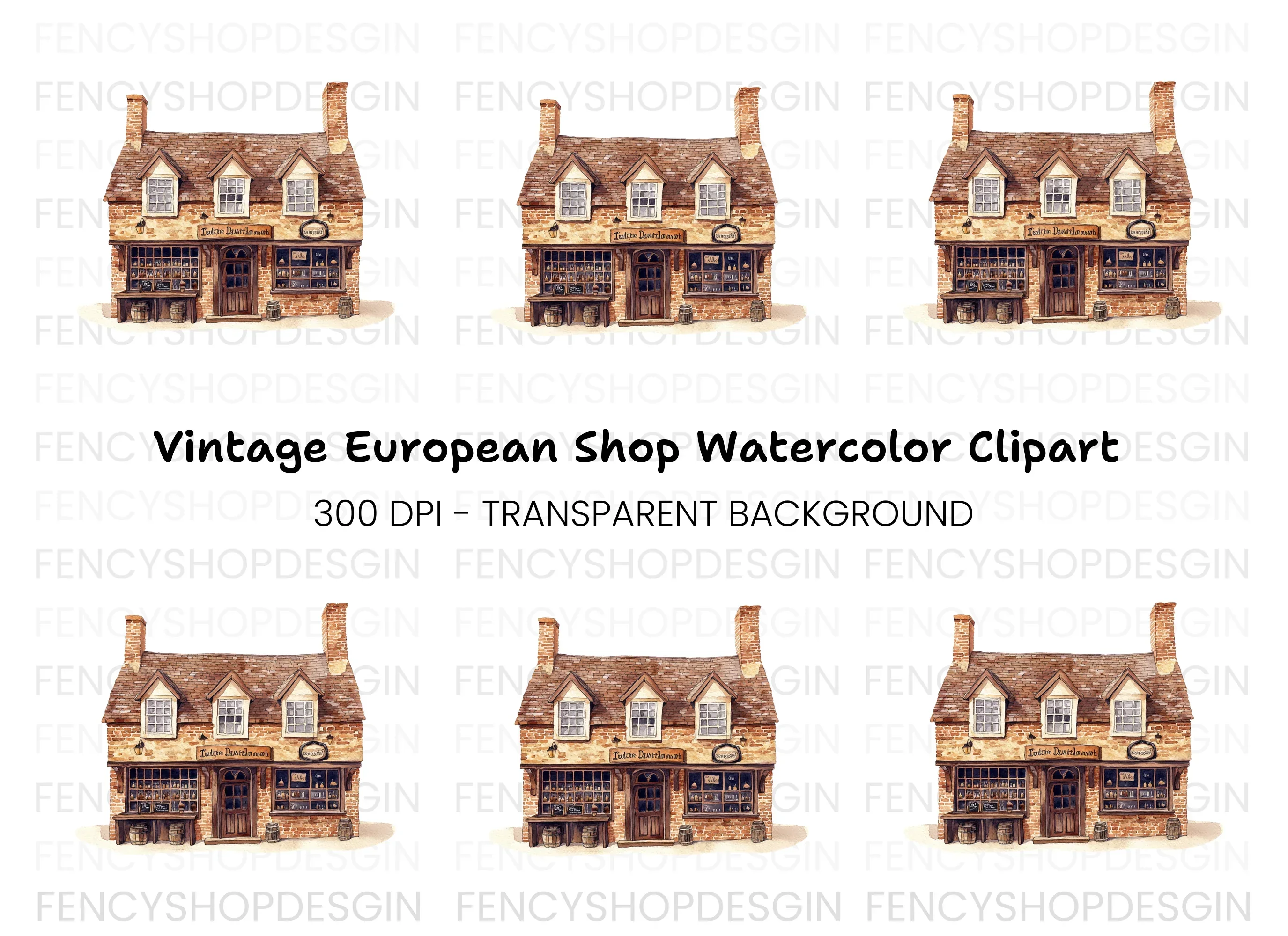 Vintage Brick Shop Illustration Clipart Bundle