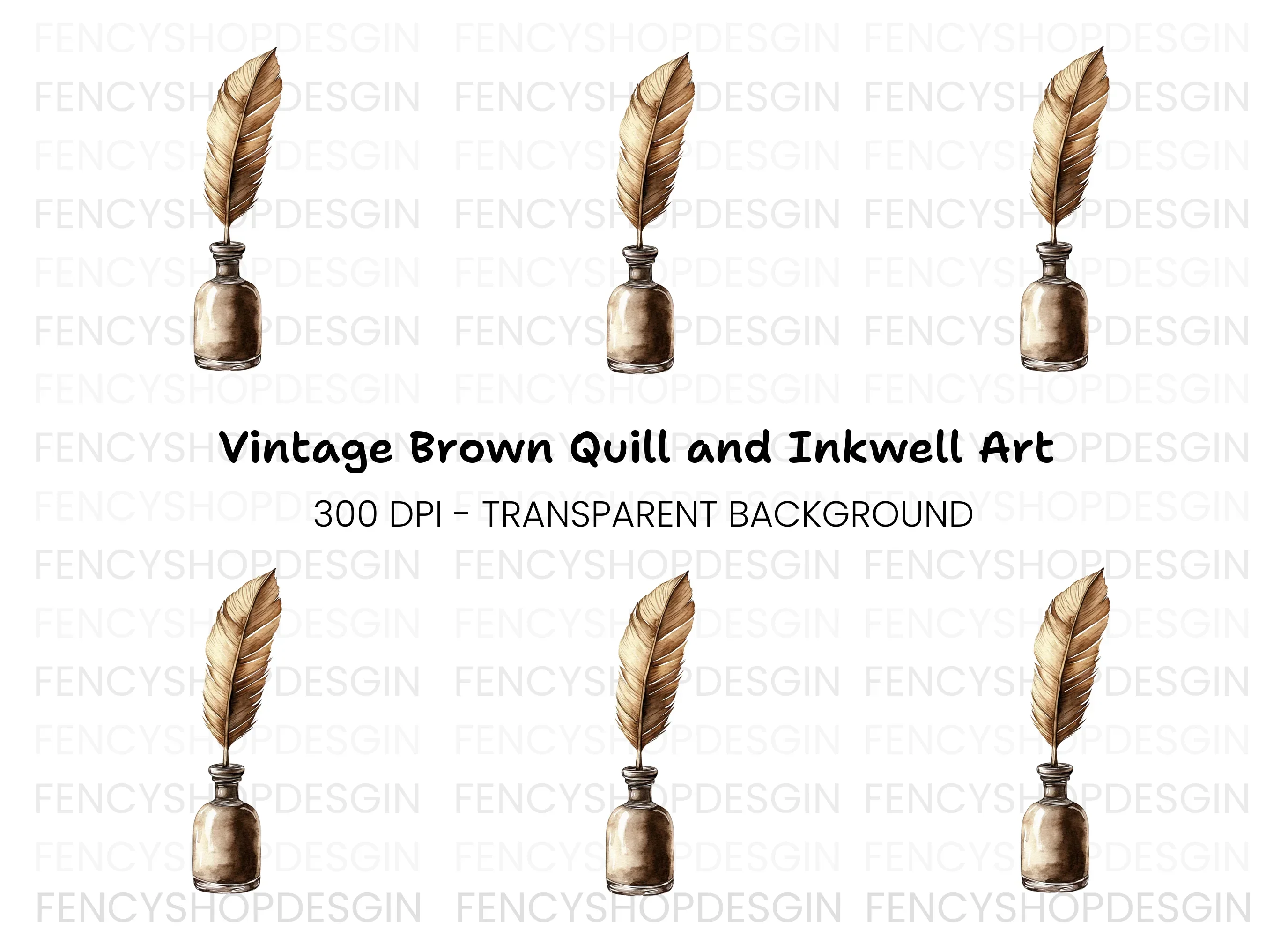 Vintage Feather Quill and Inkwell Clipart Bundle