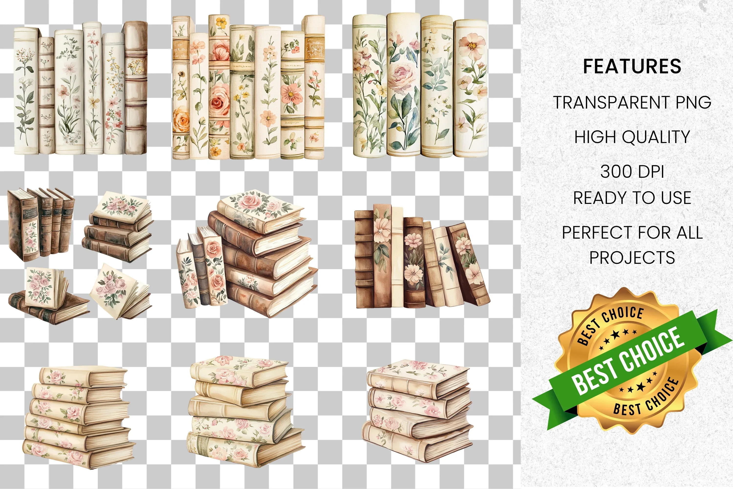 Vintage Floral Books Stack Clipart Bundle - Image 2