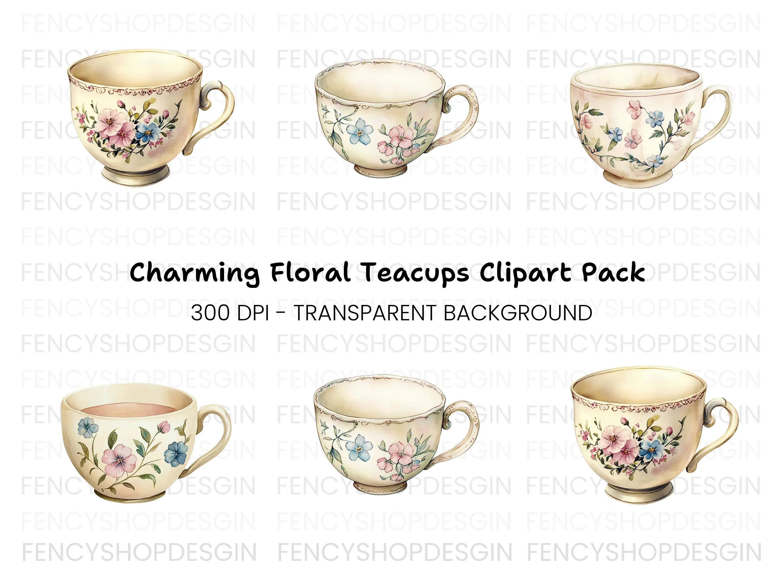Vintage Floral Teacups Clipart Bundle