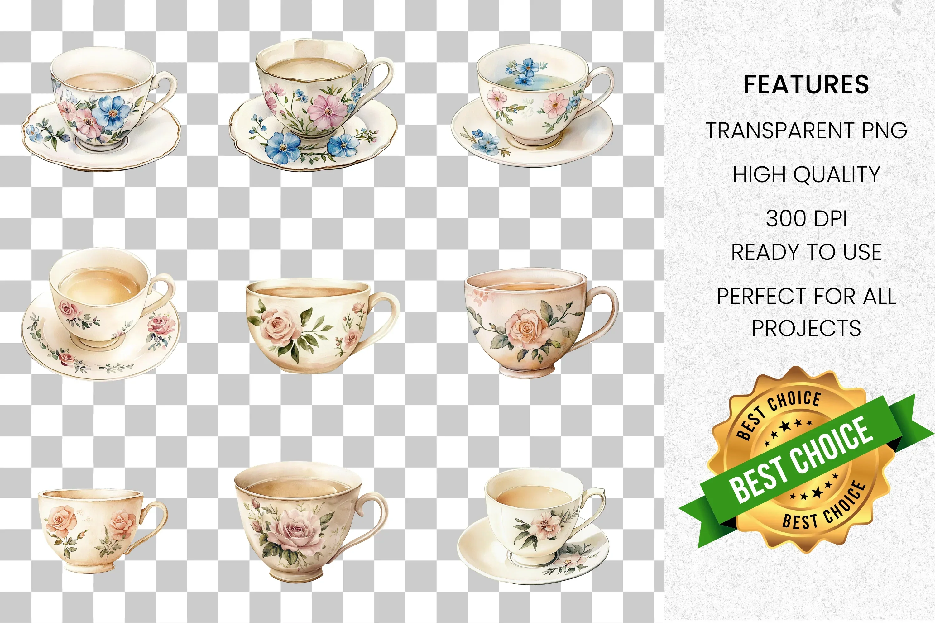 Vintage Floral Teacups Clipart Bundle - Image 6