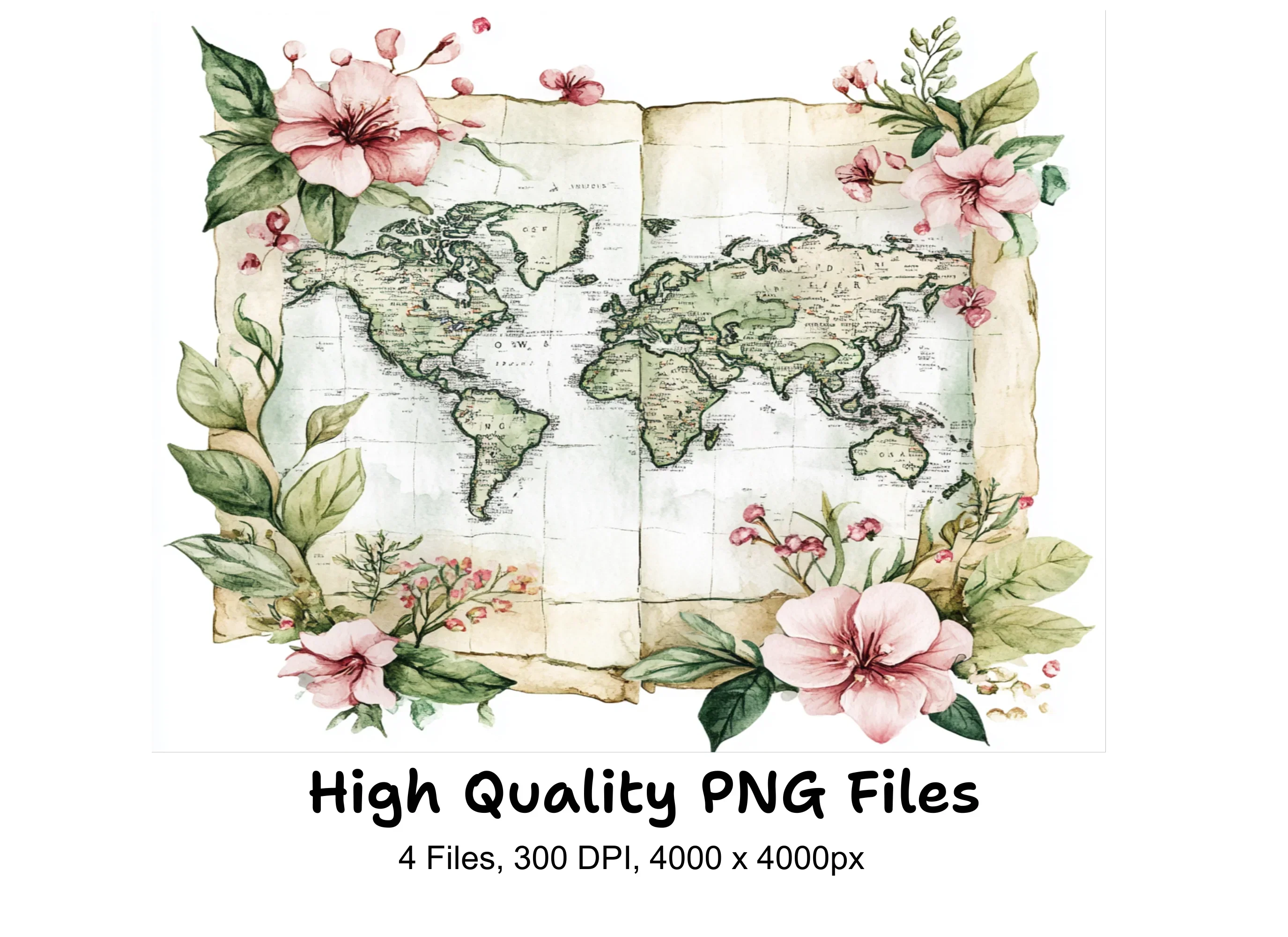 Vintage Floral World Map Clipart Bundle