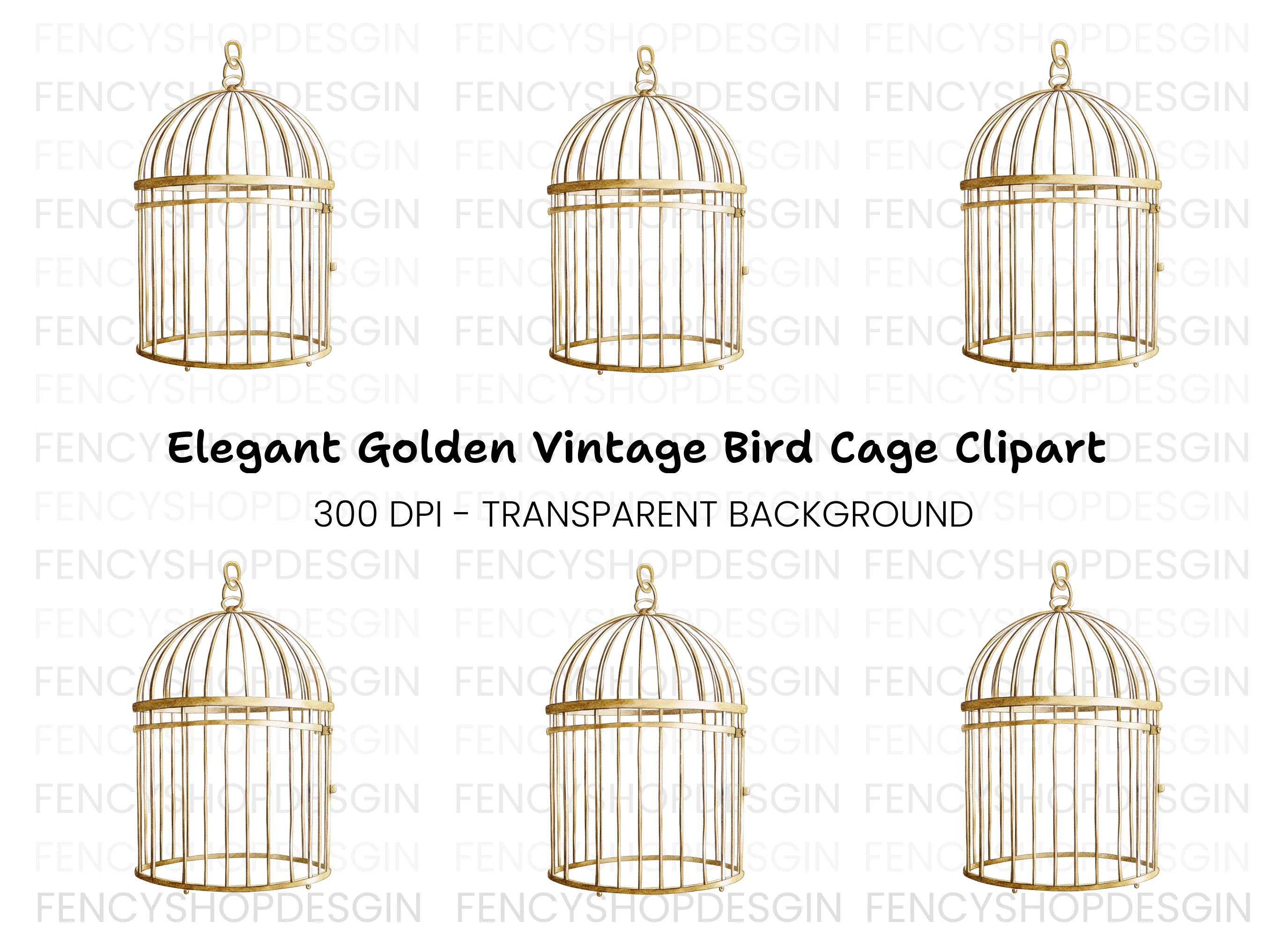 Vintage Gold Bird Cage Clipart Bundle