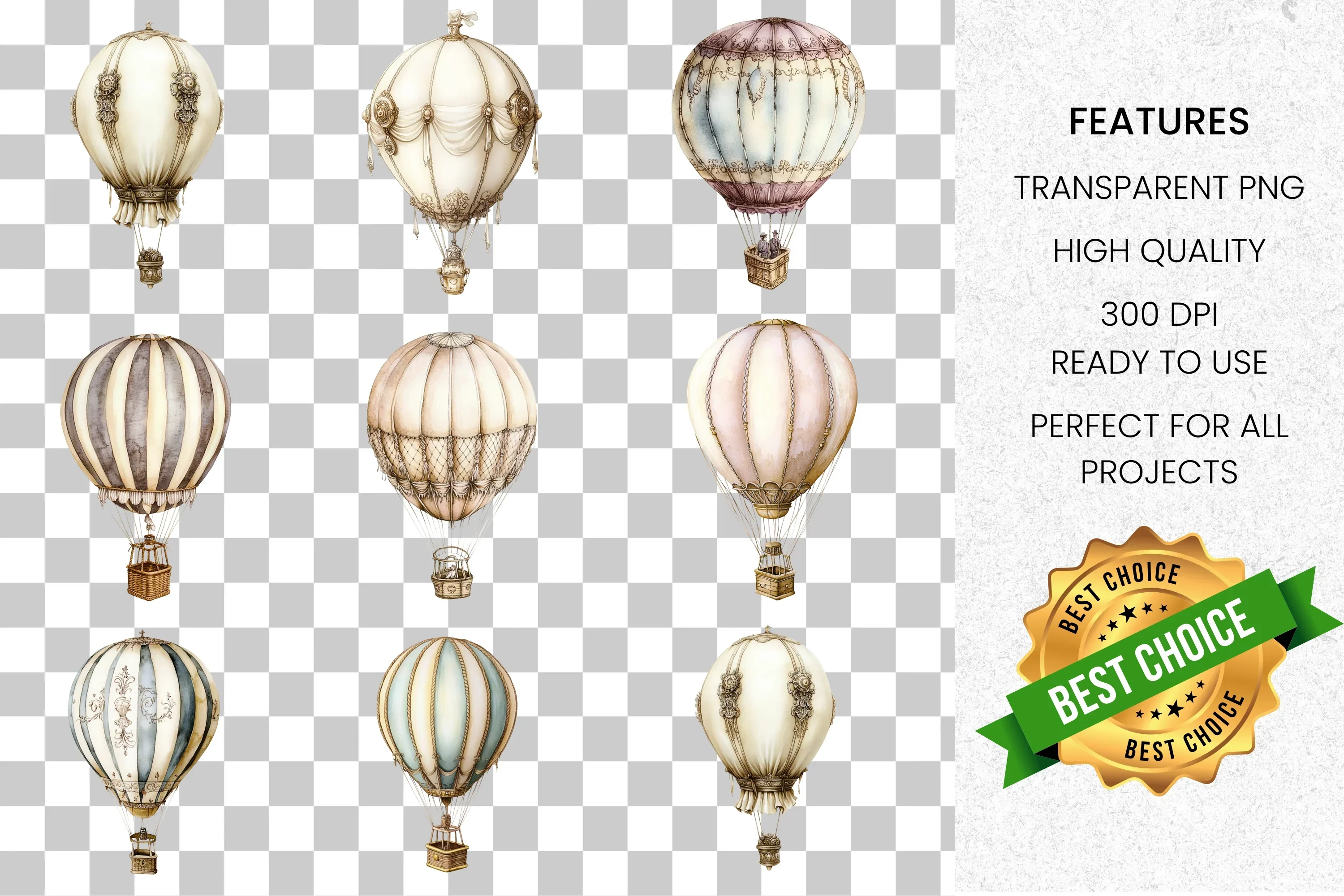 Vintage Hot Air Balloon Clipart Bundle - Image 2