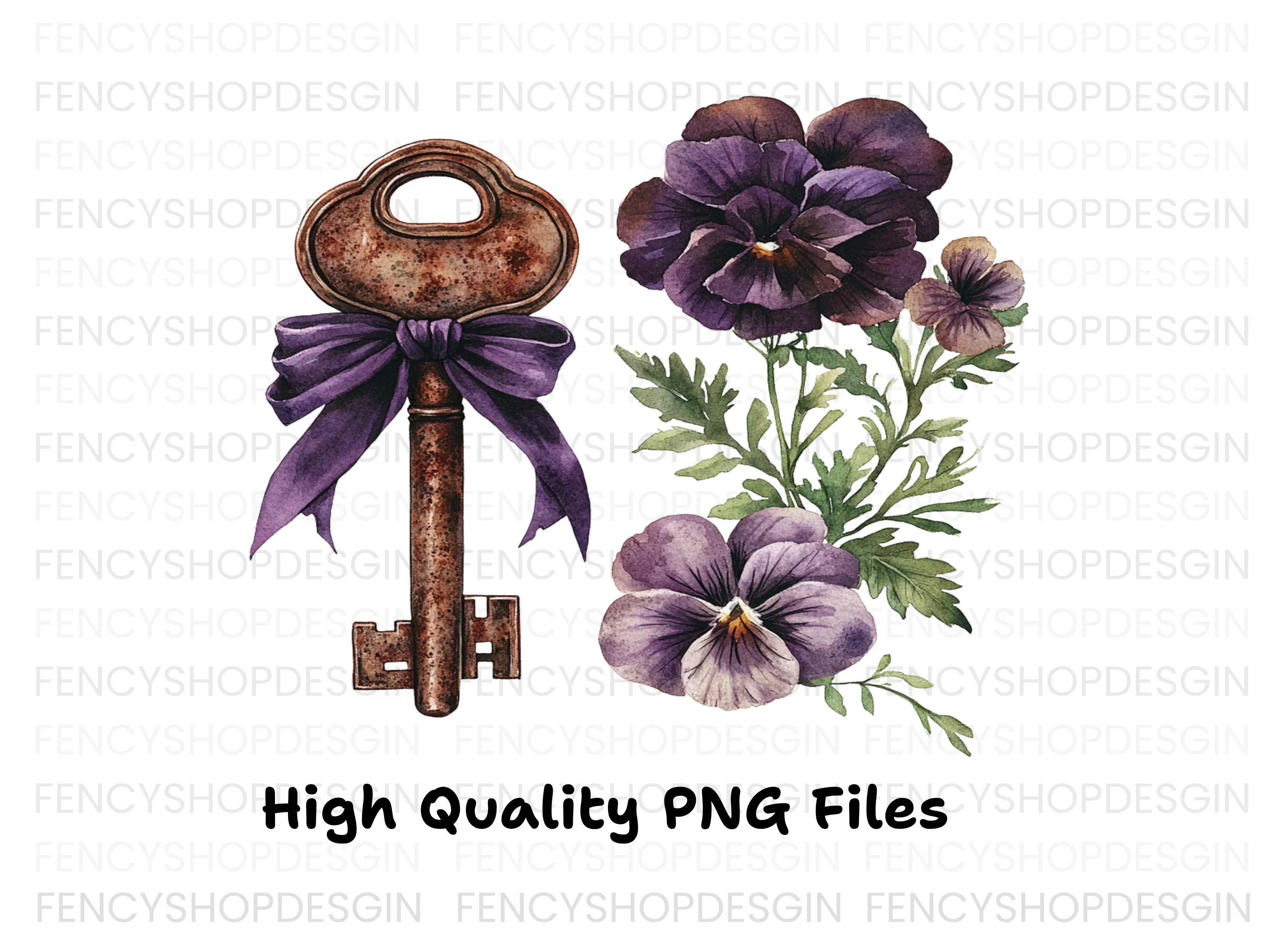 Vintage Keys with Purple Ribbons Clipart Bundle - Image 2
