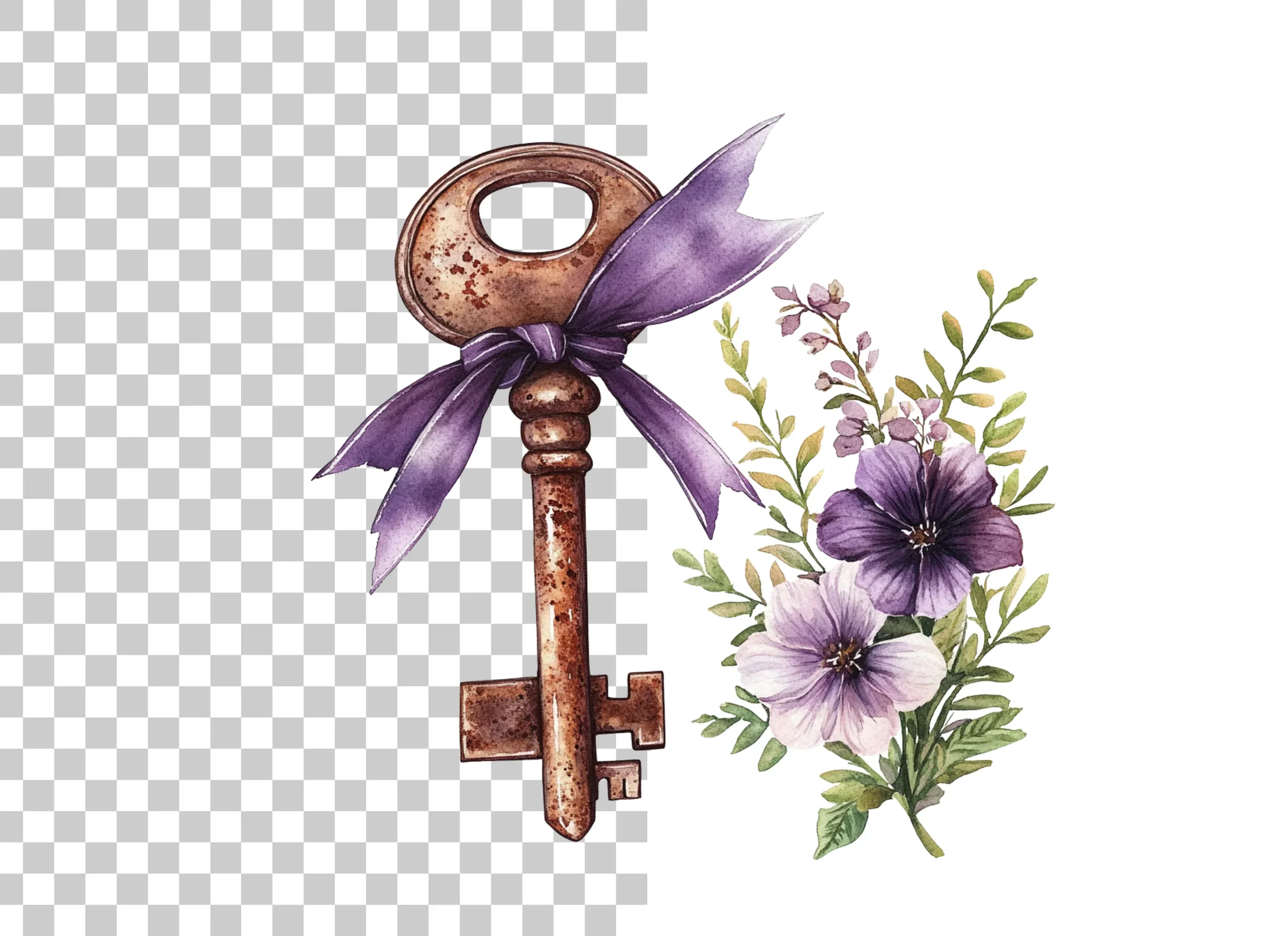 Vintage Keys with Purple Ribbons Clipart Bundle - Image 6