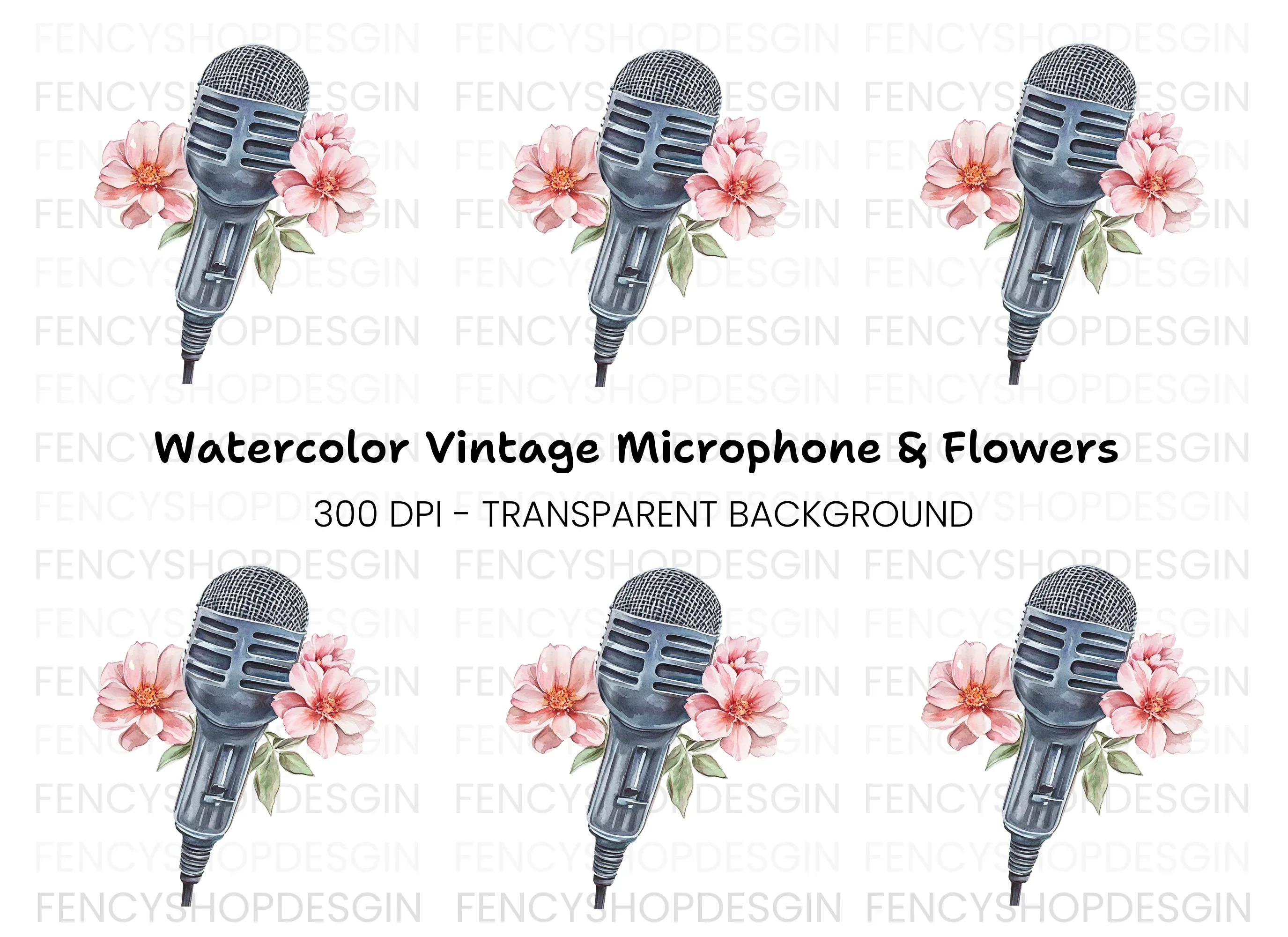 Vintage Microphone with Pink Flowers Clipart Bundle