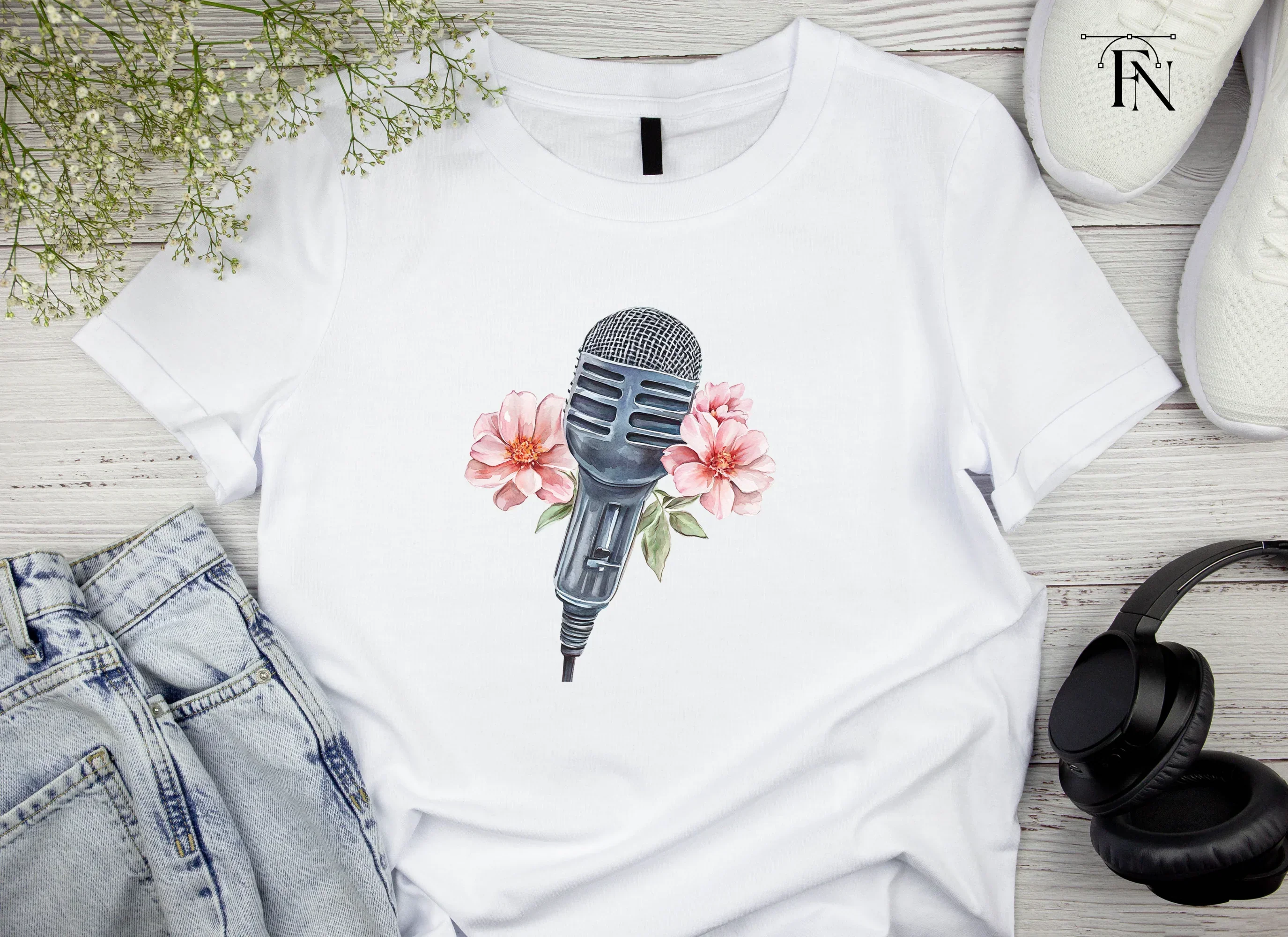 Vintage Microphone with Pink Flowers Clipart Bundle - Image 4