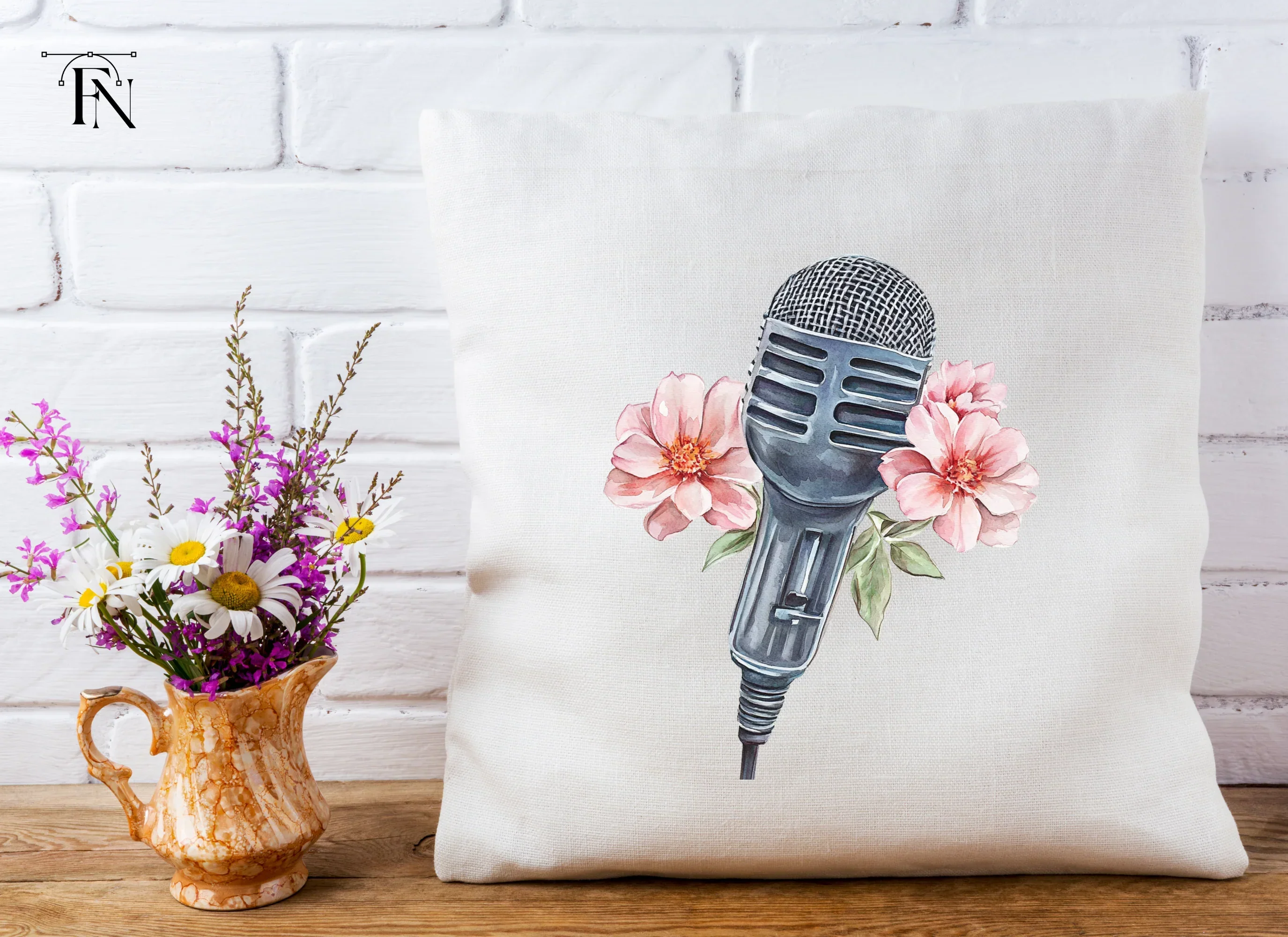 Vintage Microphone with Pink Flowers Clipart Bundle - Image 5
