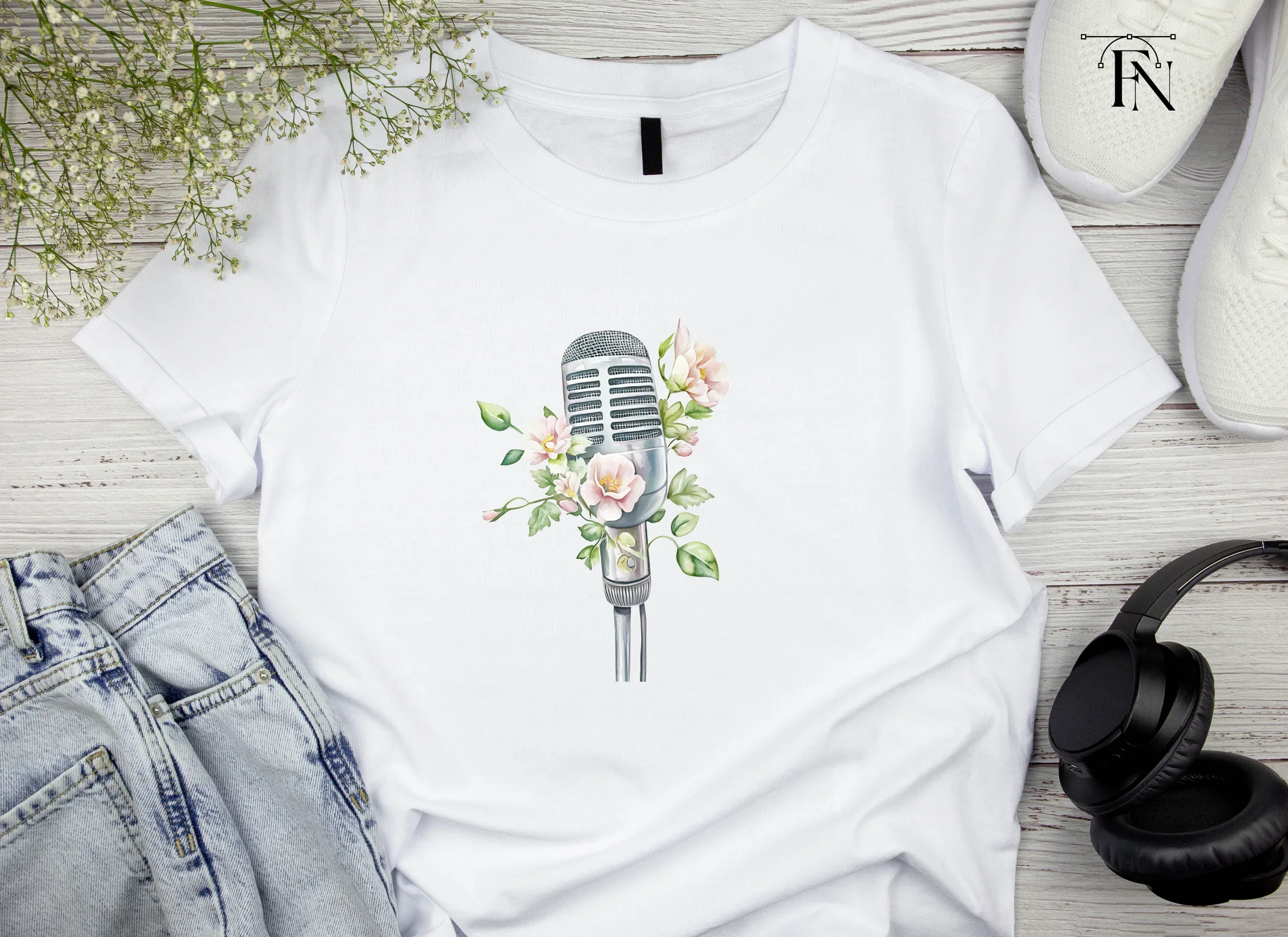 Vintage Microphones with Pink Flowers Clipart Bundle - Image 3