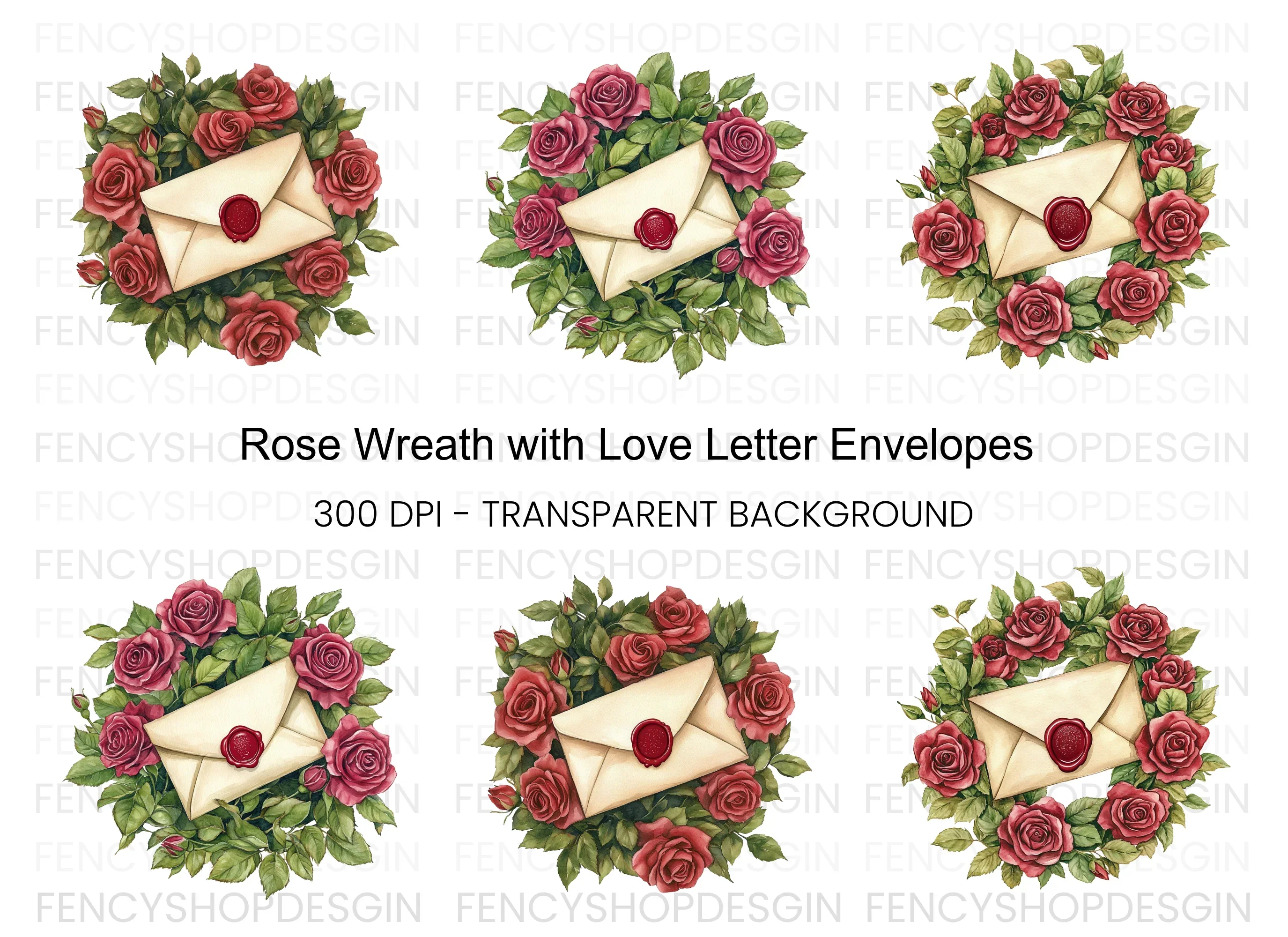 Vintage Rose Wreath Love Letter Clipart Bundle