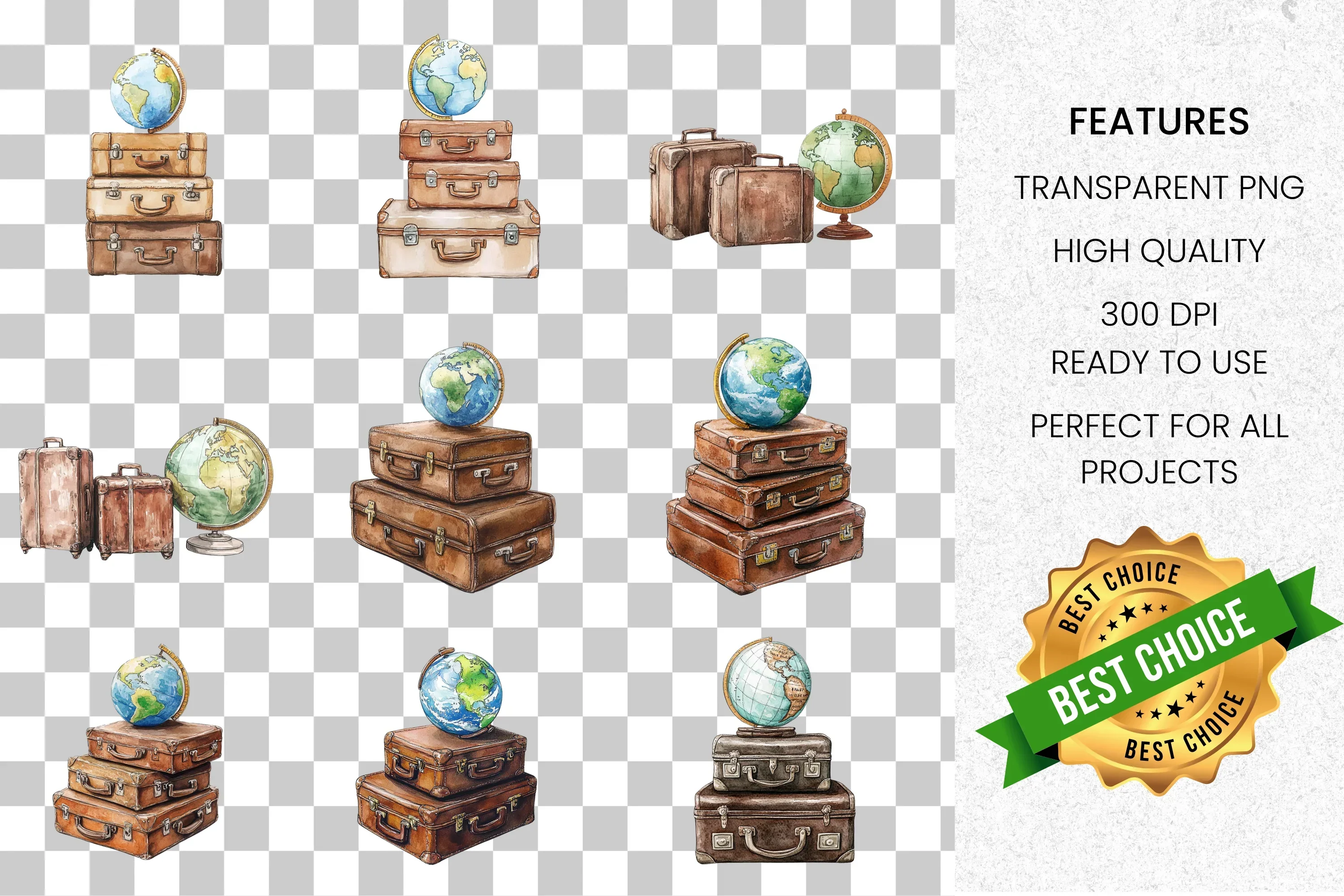 Vintage Travel Suitcase Globe Clipart Bundle - Image 8