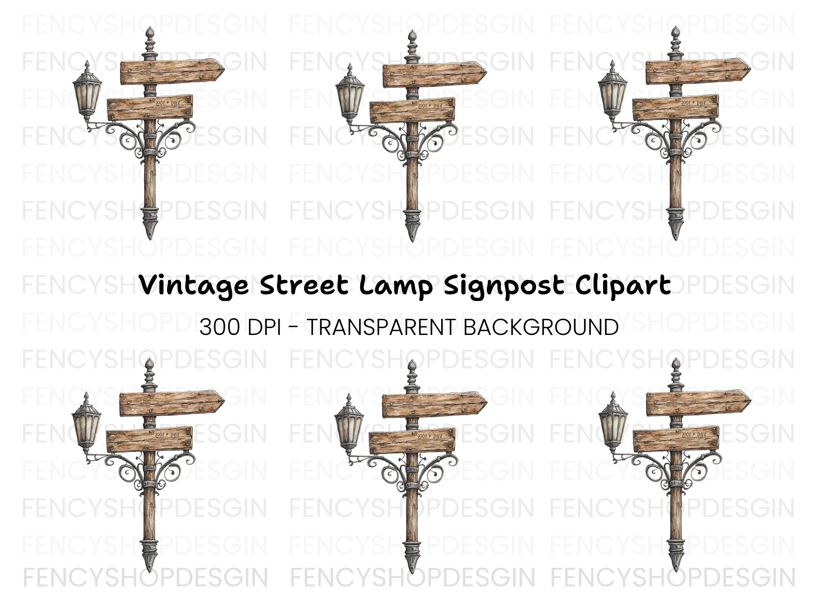 Vintage Wooden Signpost with Lantern Clipart Bundle