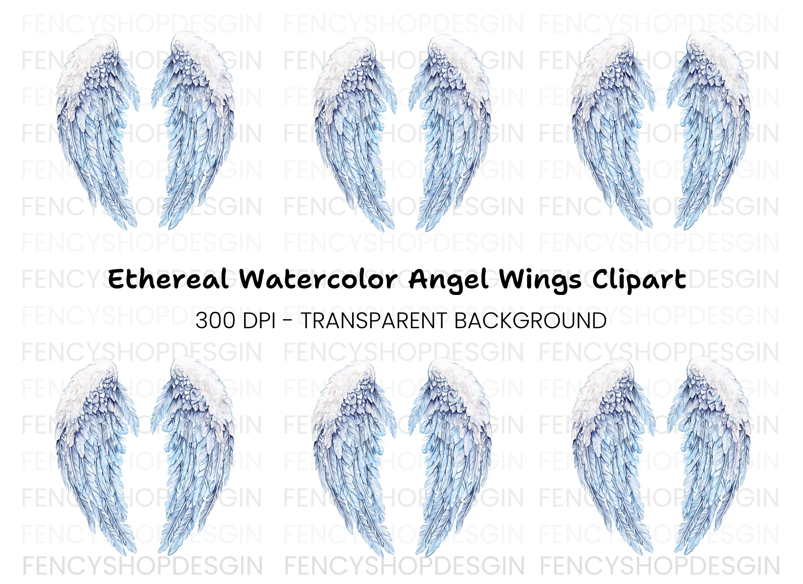 White and Blue Feathered Wings Clipart Bundle