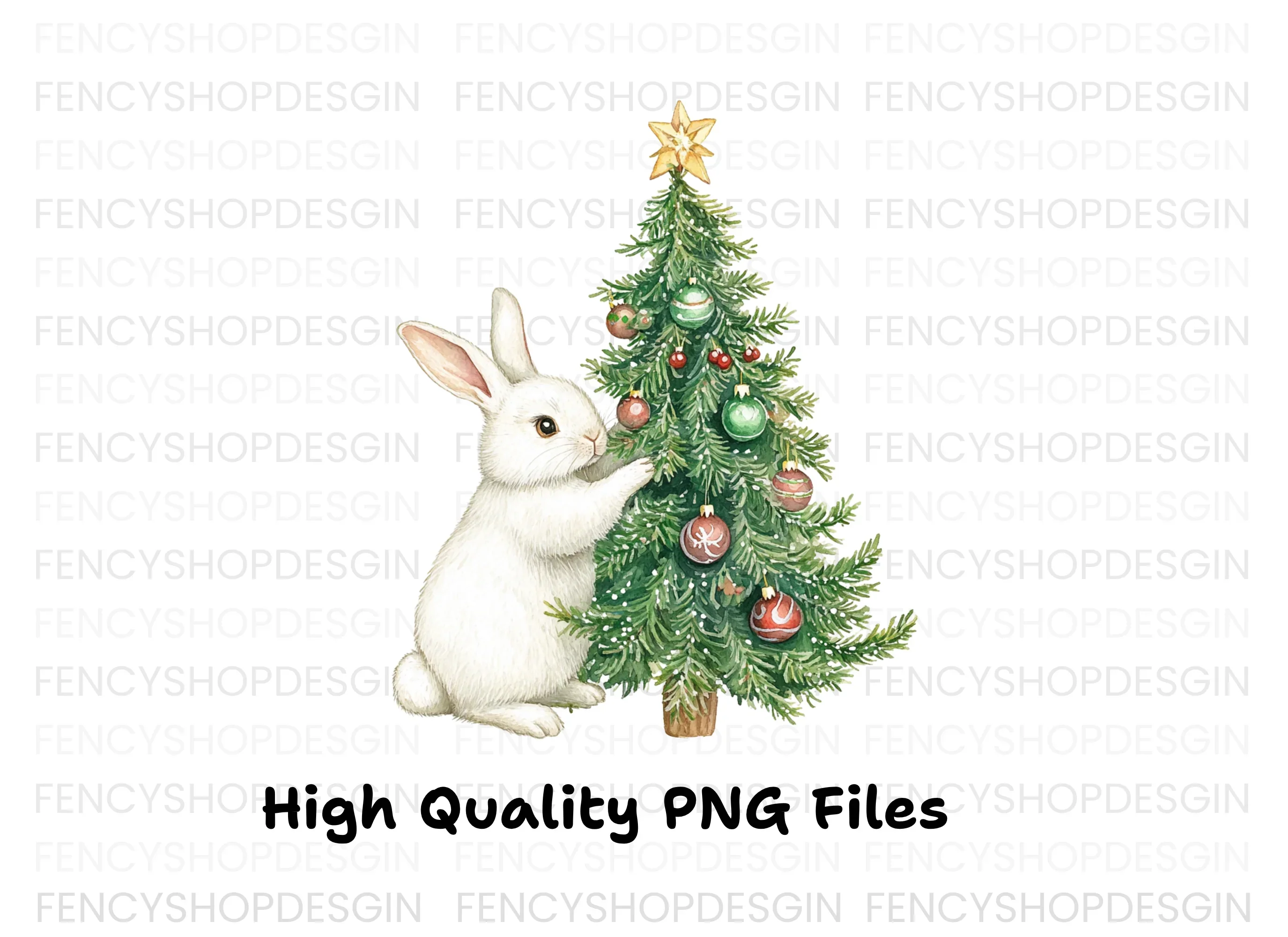 White Bunnies Decorating Christmas Tree Clipart Bundle - Image 2