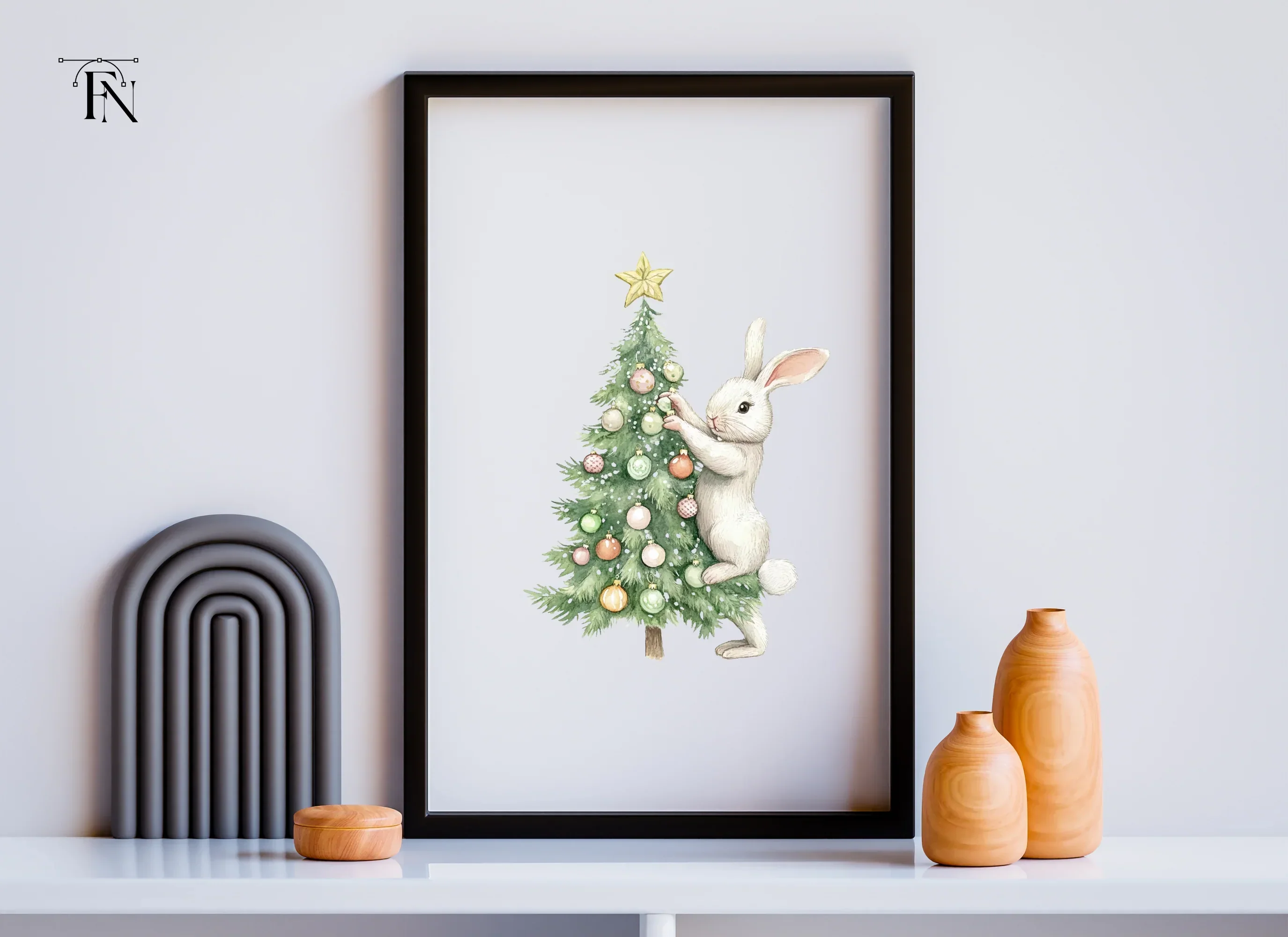 White Bunnies Decorating Christmas Tree Clipart Bundle - Image 5