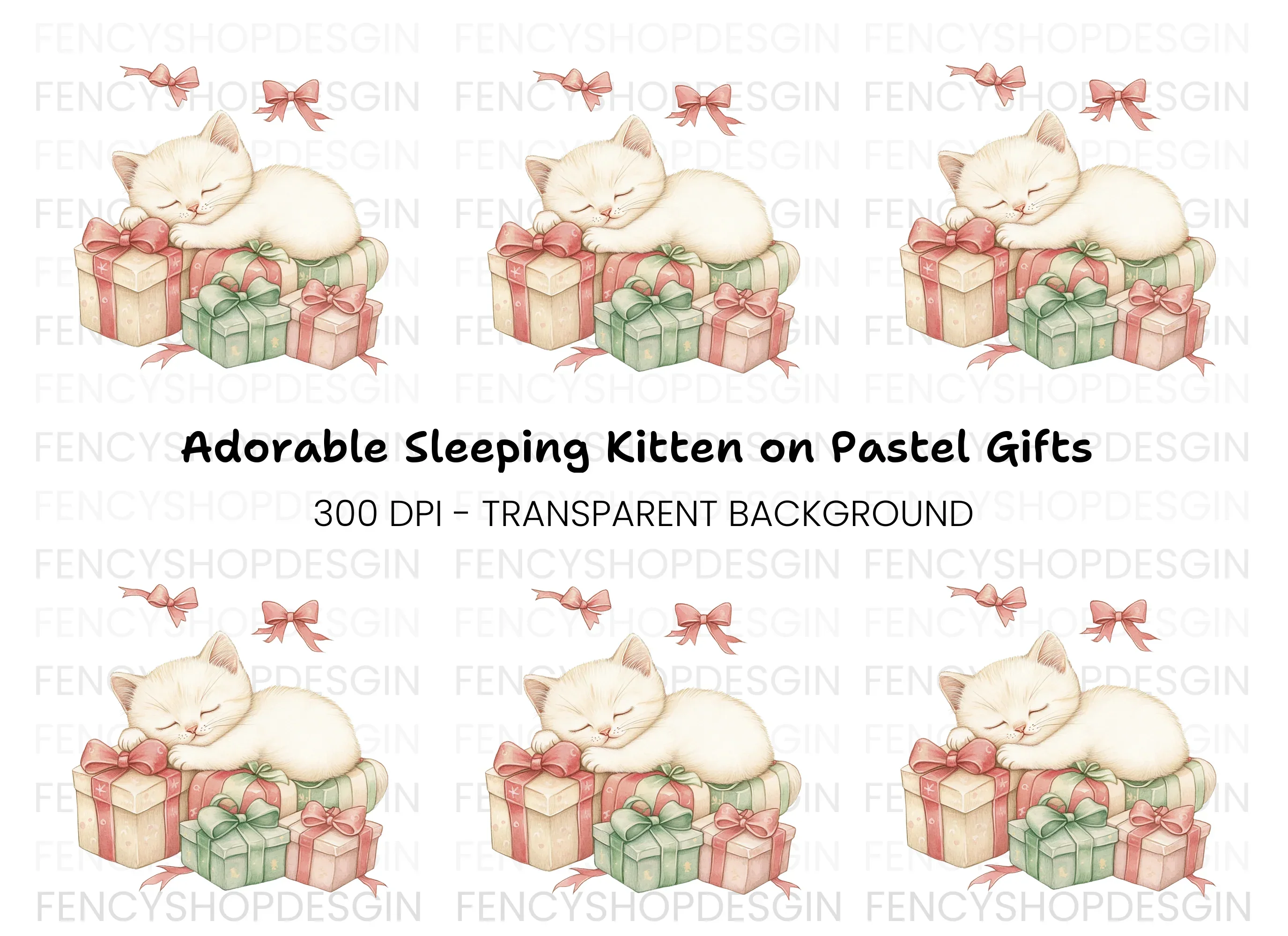 White Kitten Sleeping on Pink Gifts Clipart Bundle