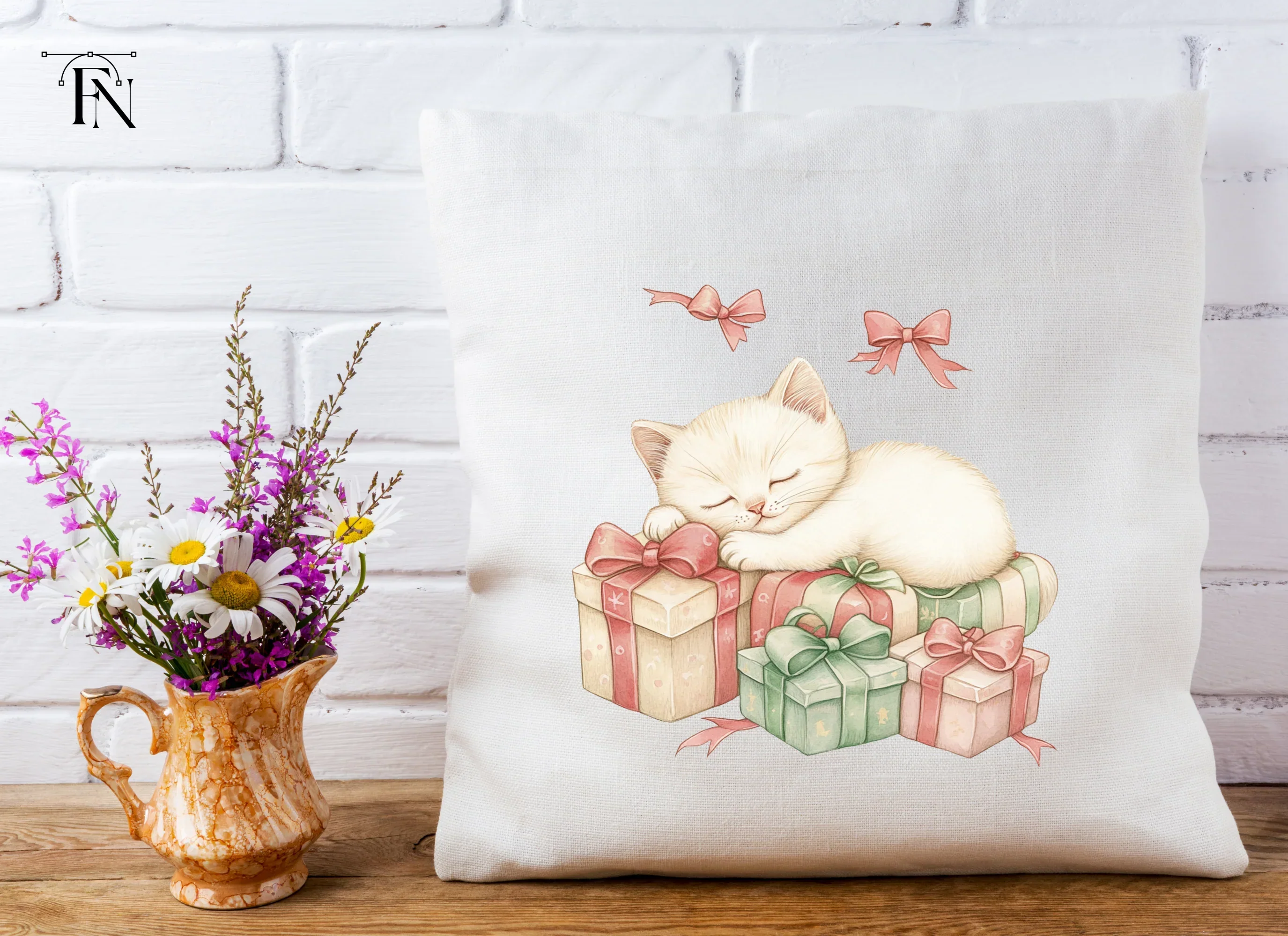 White Kitten Sleeping on Pink Gifts Clipart Bundle - Image 4