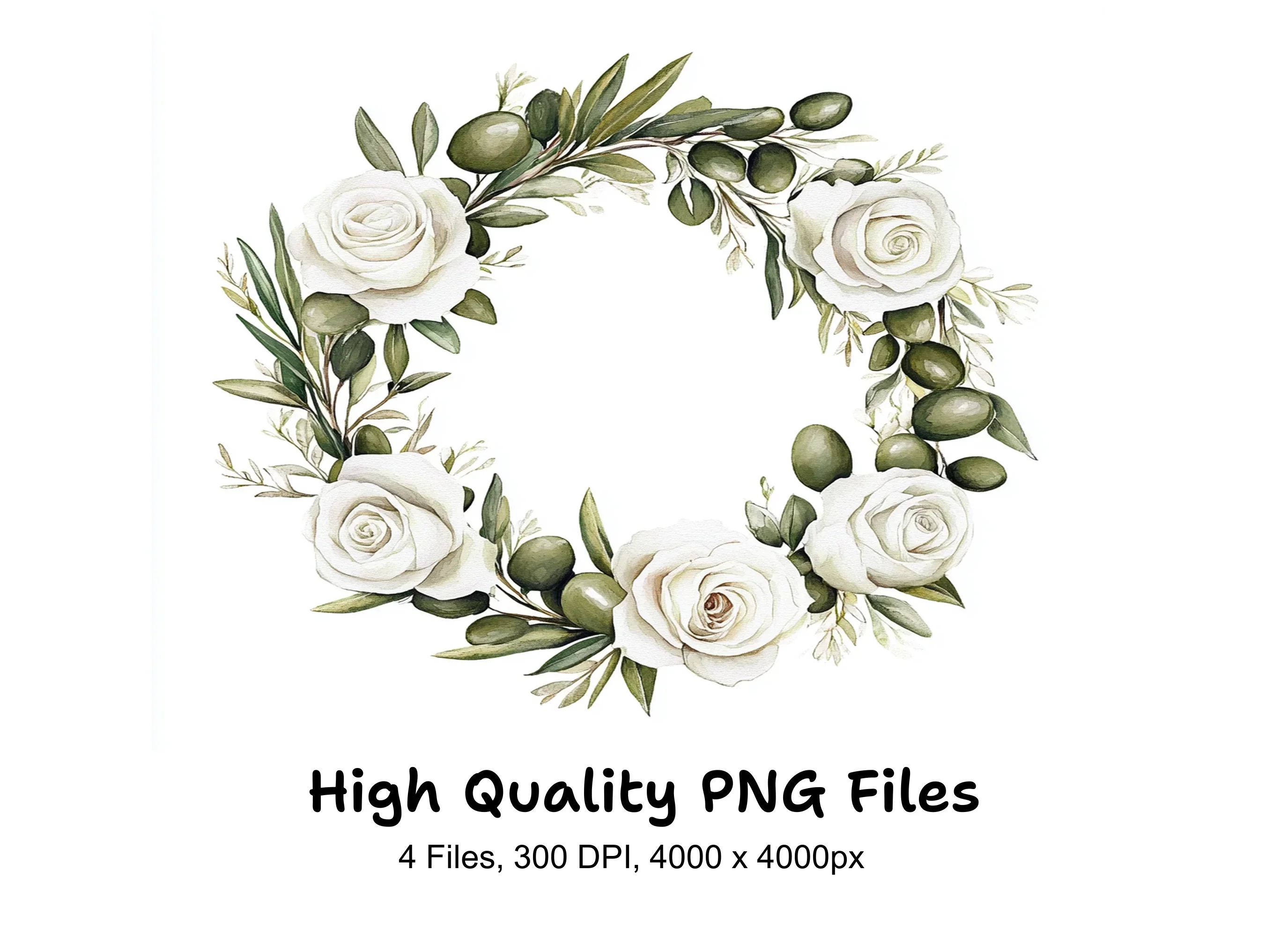 White Rose Olive Wreath Clipart Bundle