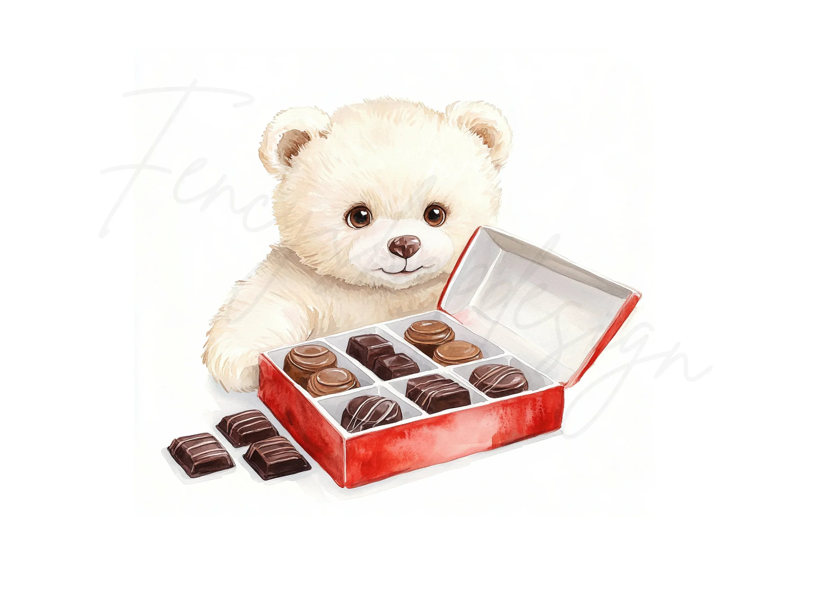White Teddy Bear with Chocolate Box Clipart Bundle - Image 3