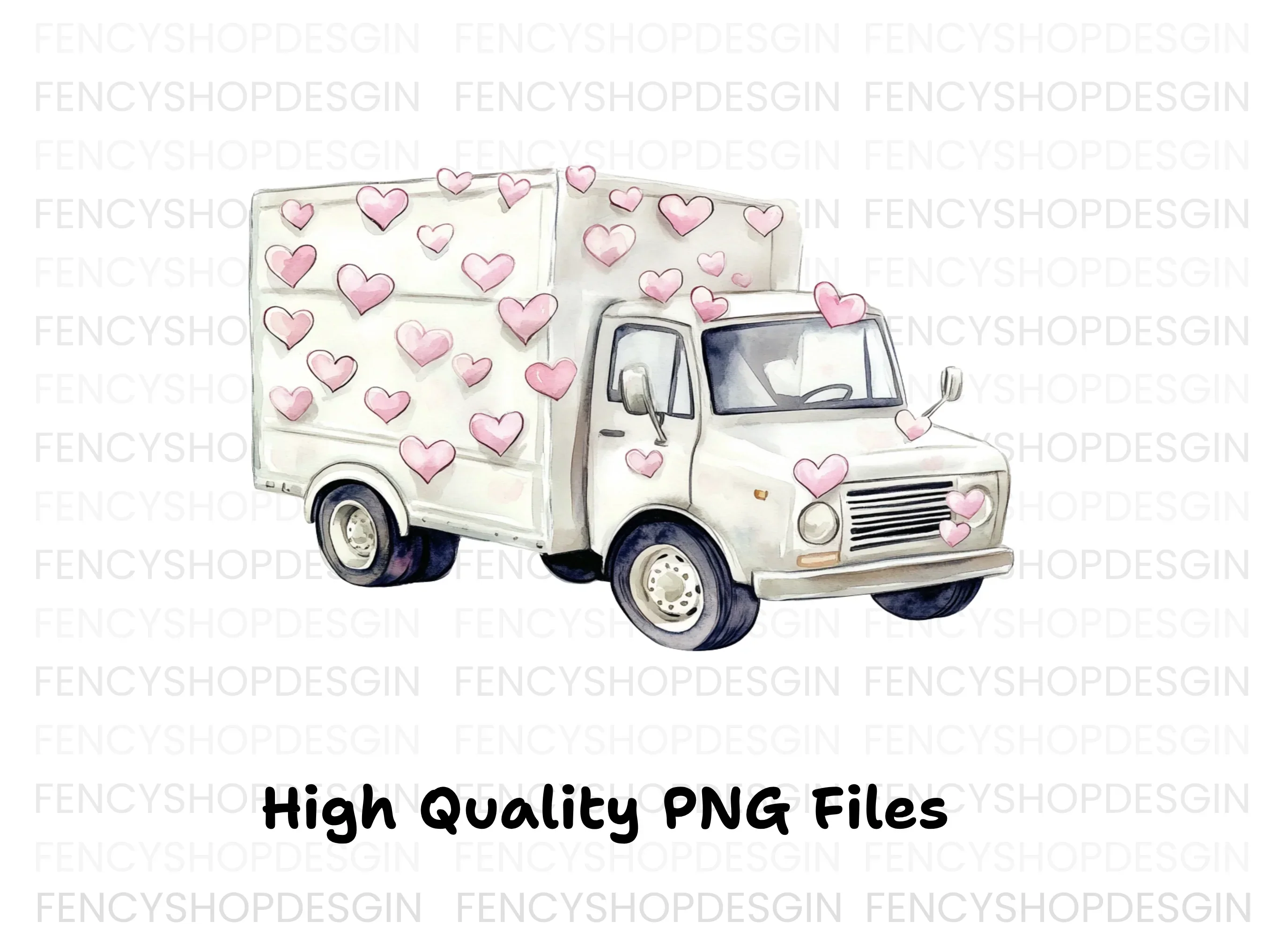 White Valentine Trucks with Heart Garlands Clipart Bundle - Image 2
