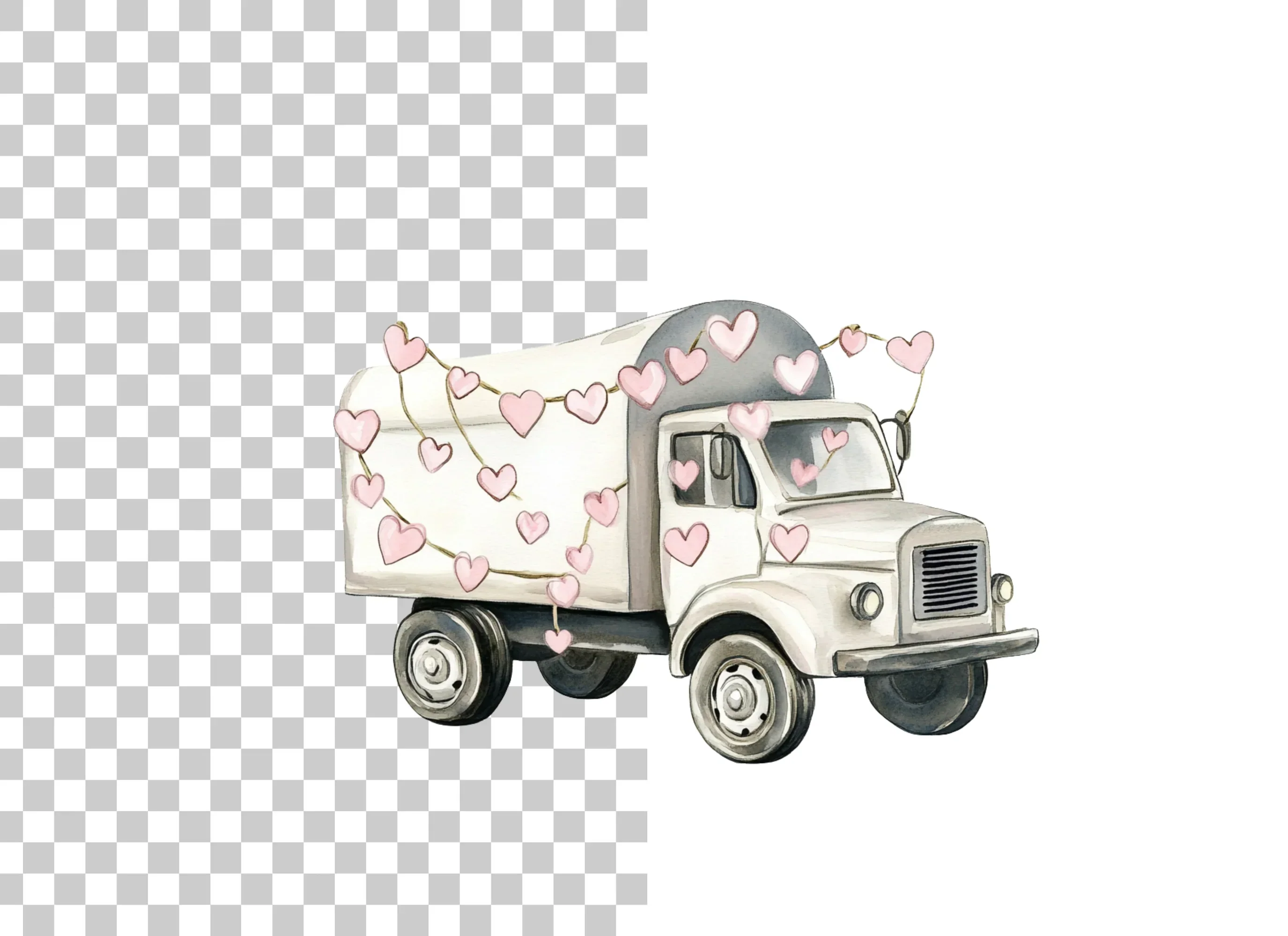White Valentine Trucks with Heart Garlands Clipart Bundle - Image 6