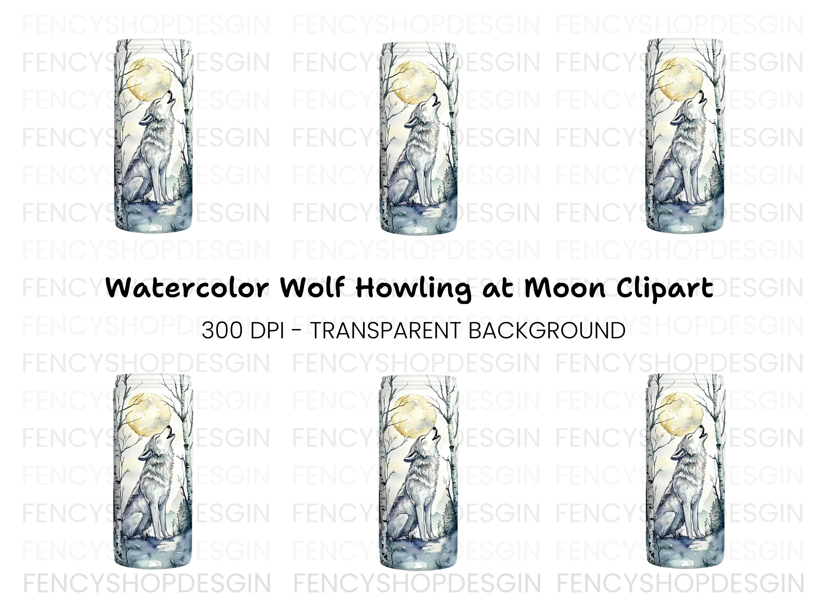 White Wolf Howling in Birch Forest Clipart Bundle