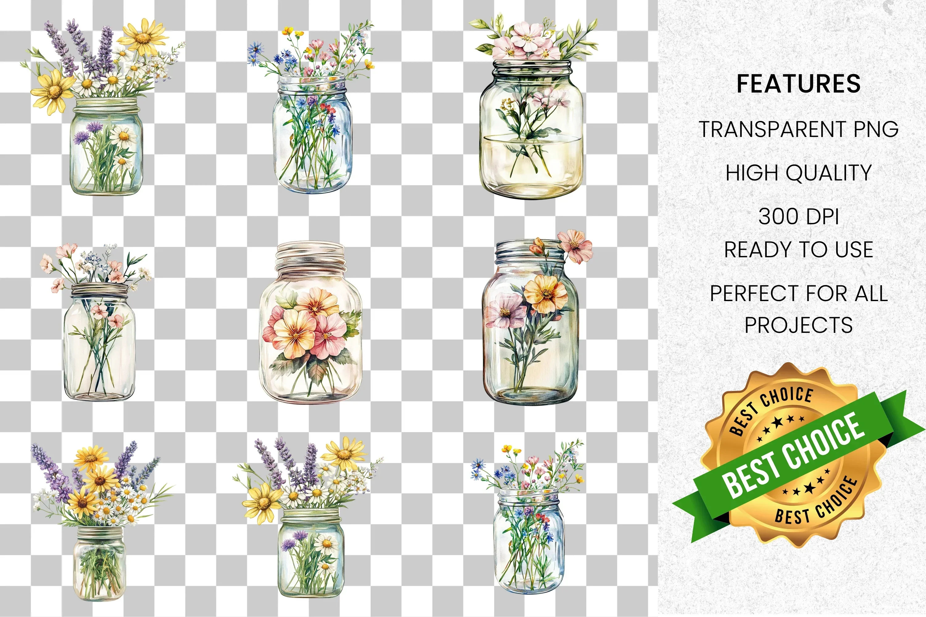 Wildflower Mason Jars Clipart Bundle - Image 8